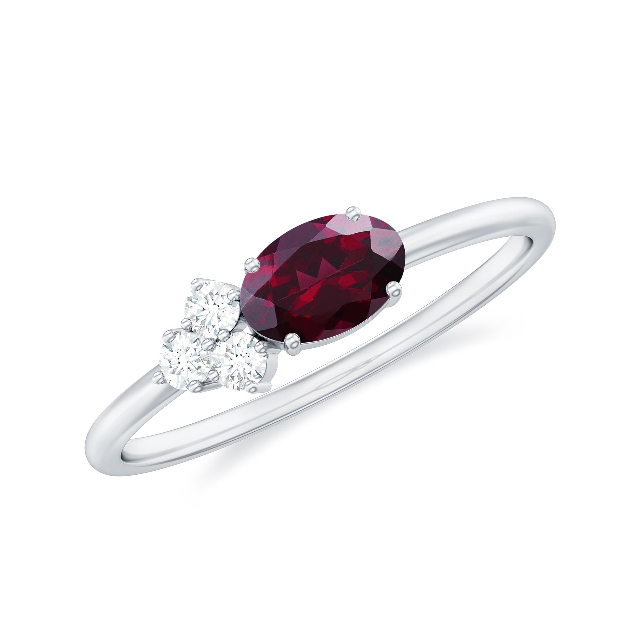 1.25 CT Oval Rhodolite Minimal East West Ring with Diamond Trio Rhodolite - ( AAA ) - Quality - Rosec Jewels