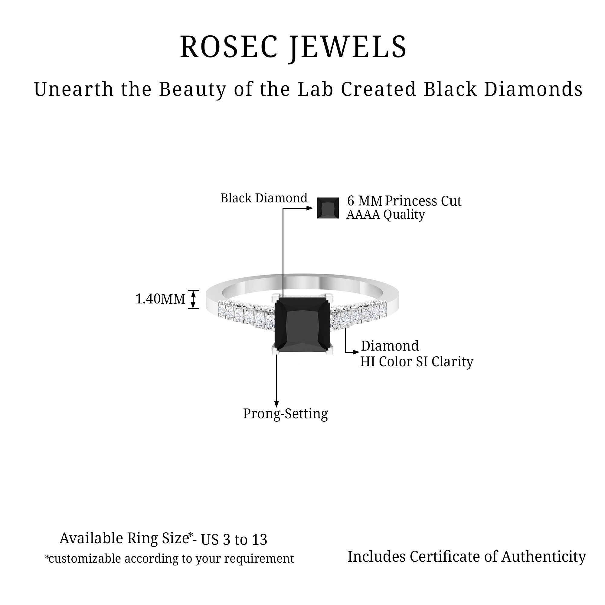 1.5 CT Solitaire Created Black Diamond Minimal Solitaire Ring with Diamond Lab Created Black Diamond - ( AAAA ) - Quality - Rosec Jewels