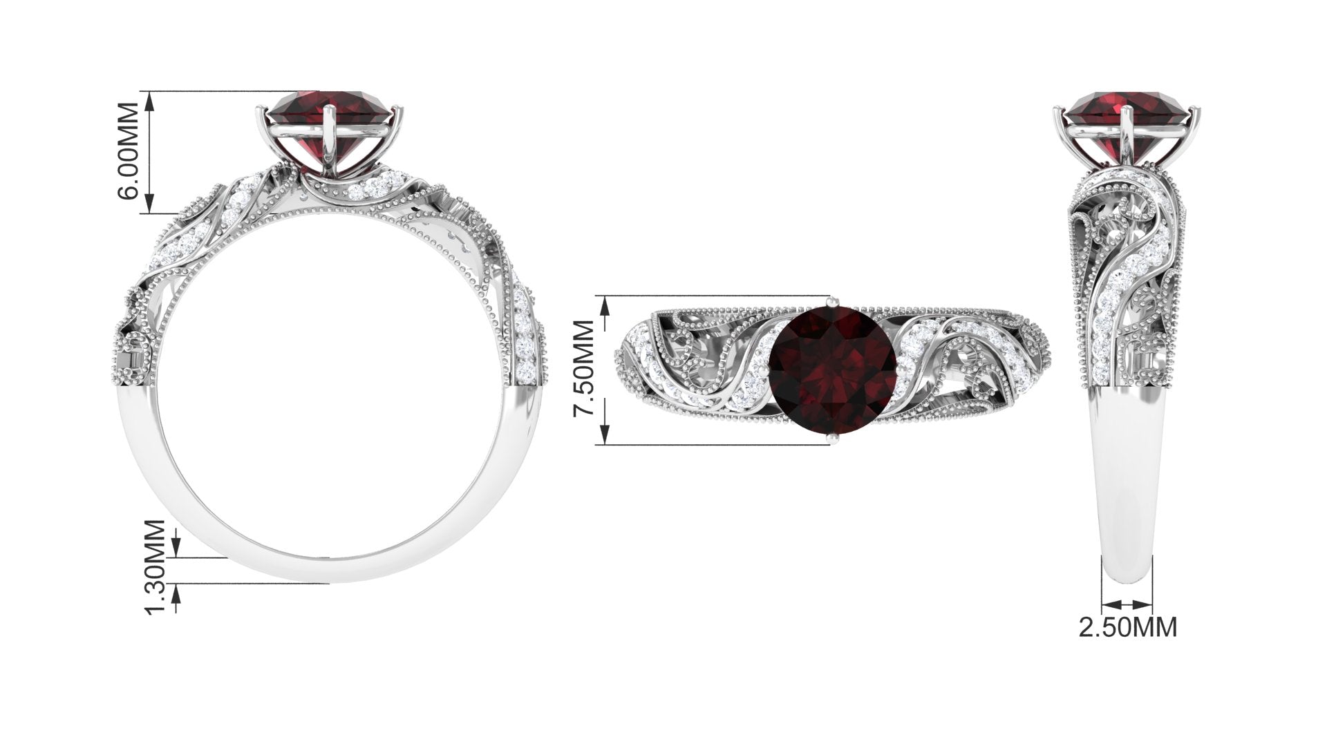 Round Garnet Vintage Inspired Engagement Ring with Diamond Garnet - ( AAA ) - Quality - Rosec Jewels