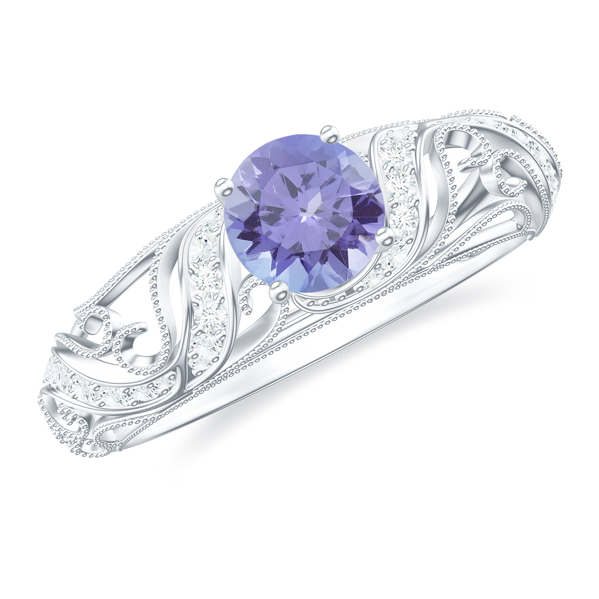 Round Tanzanite Vintage Inspired Engagement Ring with Diamond Tanzanite - ( AAA ) - Quality - Rosec Jewels