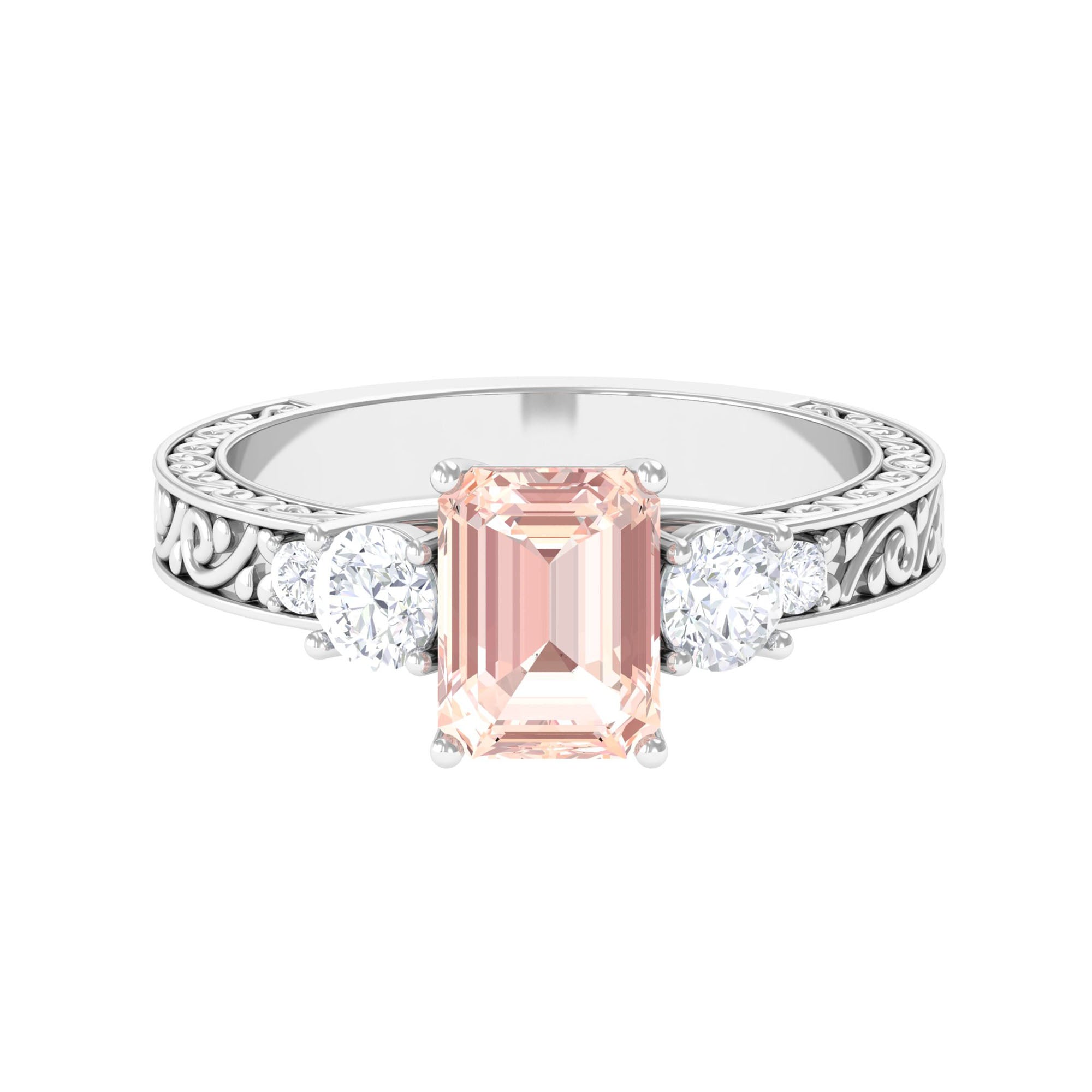 2.25 CT Octagon Cut Morganite and Moissanite Three Stone Engraved Anniversary Ring Morganite - ( AAA ) - Quality - Rosec Jewels