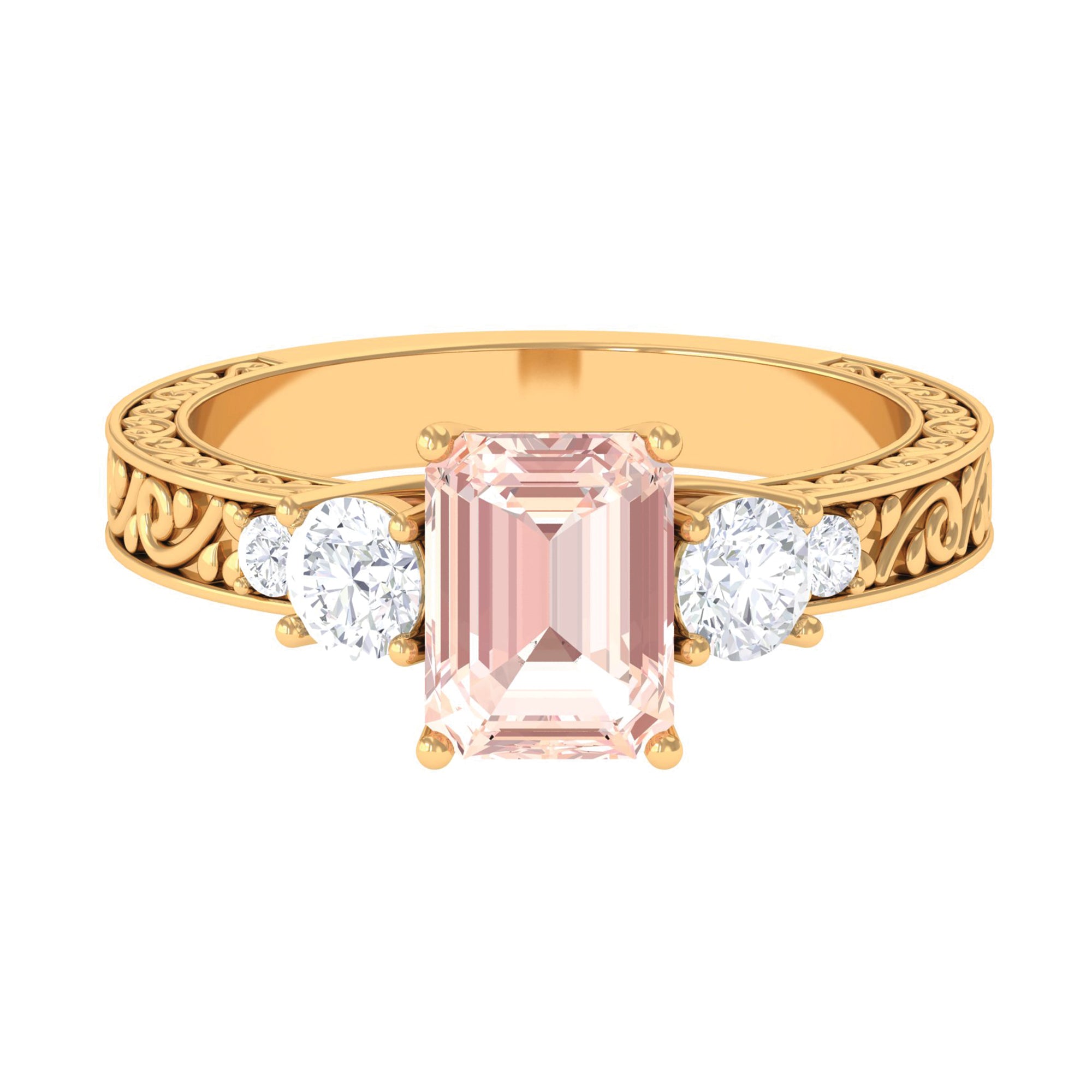 2.25 CT Octagon Cut Morganite and Moissanite Three Stone Engraved Anniversary Ring Morganite - ( AAA ) - Quality - Rosec Jewels