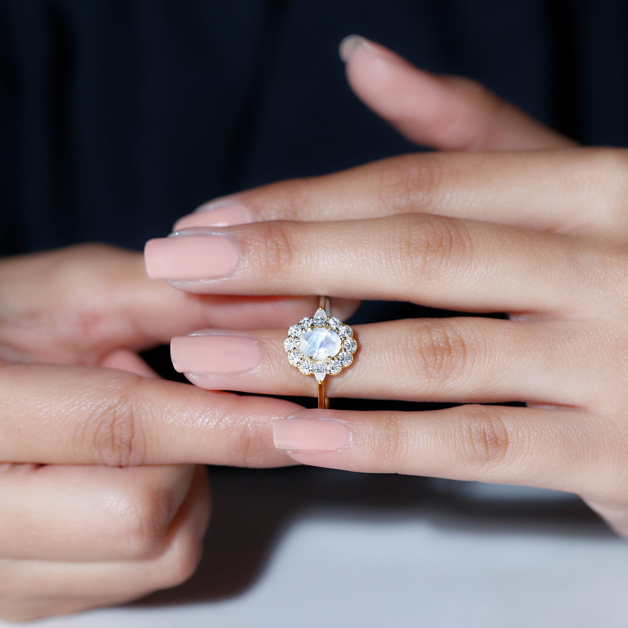 Natural Moonstone Statement Ring With Moissanite Halo Moonstone - ( AAA ) - Quality - Rosec Jewels