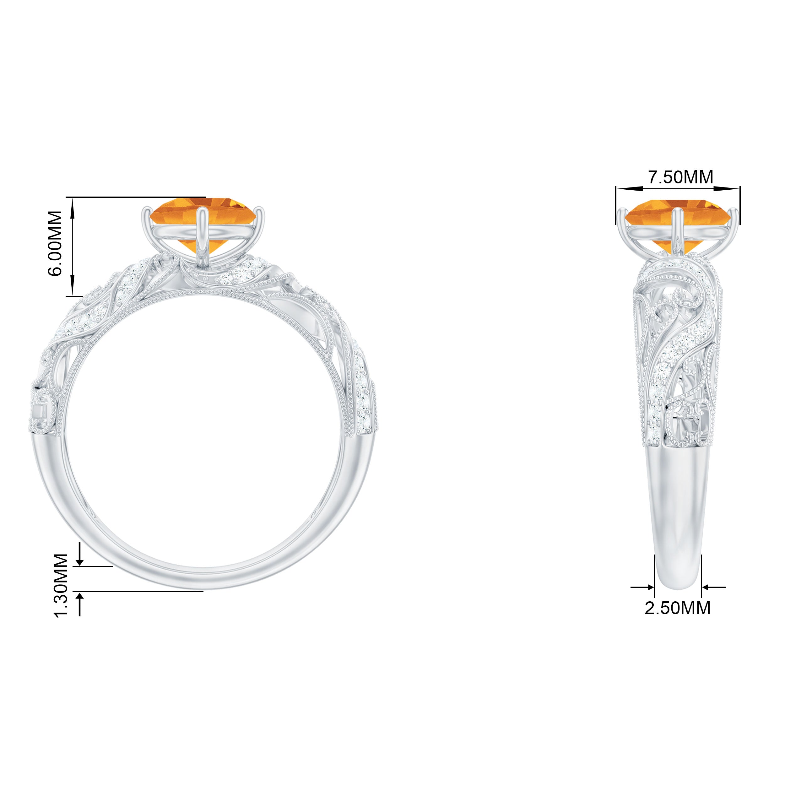 1/4 CT Round Shape Citrine and Diamond Milgrain Engagement Ring Citrine - ( AAA ) - Quality - Rosec Jewels