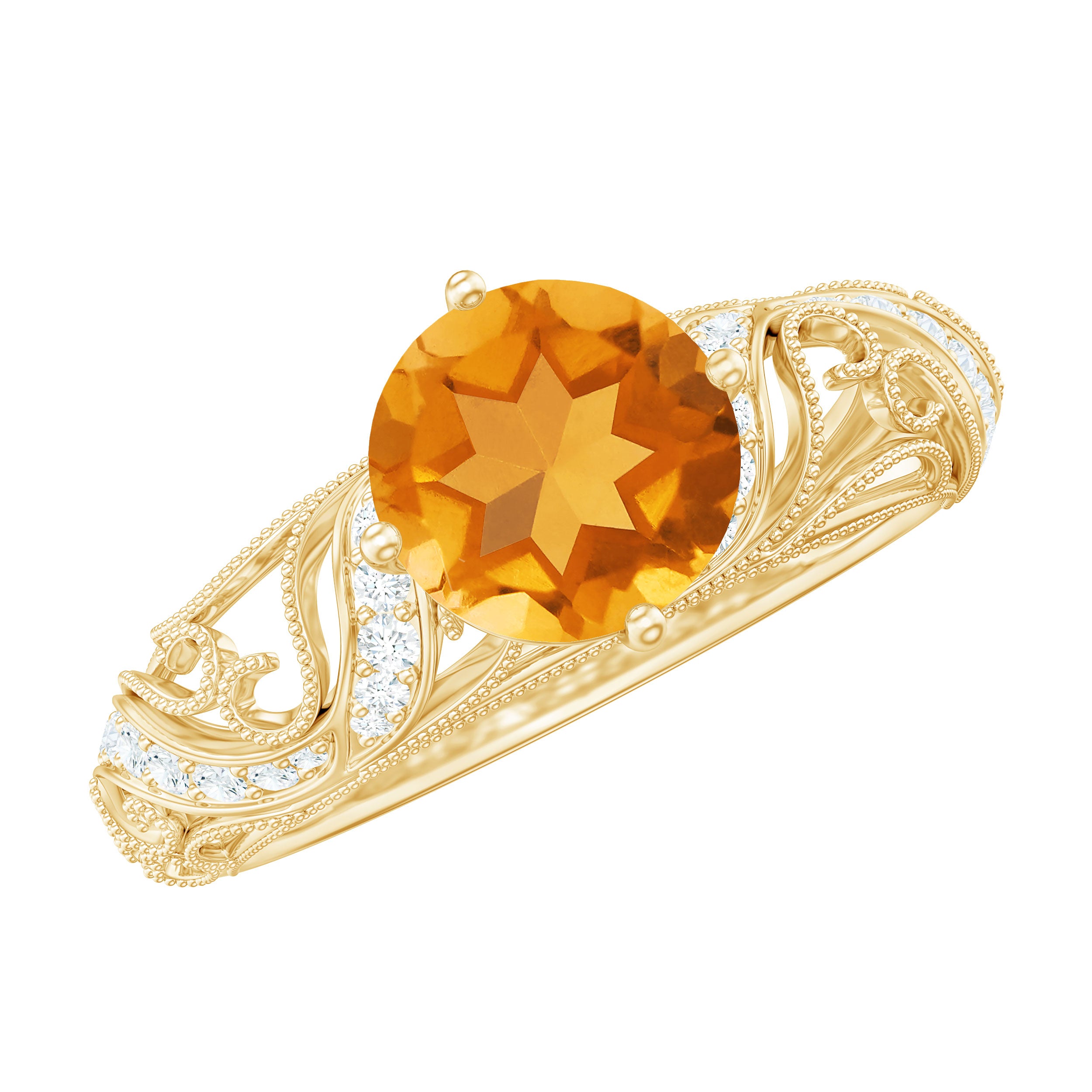 1/4 CT Round Shape Citrine and Diamond Milgrain Engagement Ring Citrine - ( AAA ) - Quality - Rosec Jewels