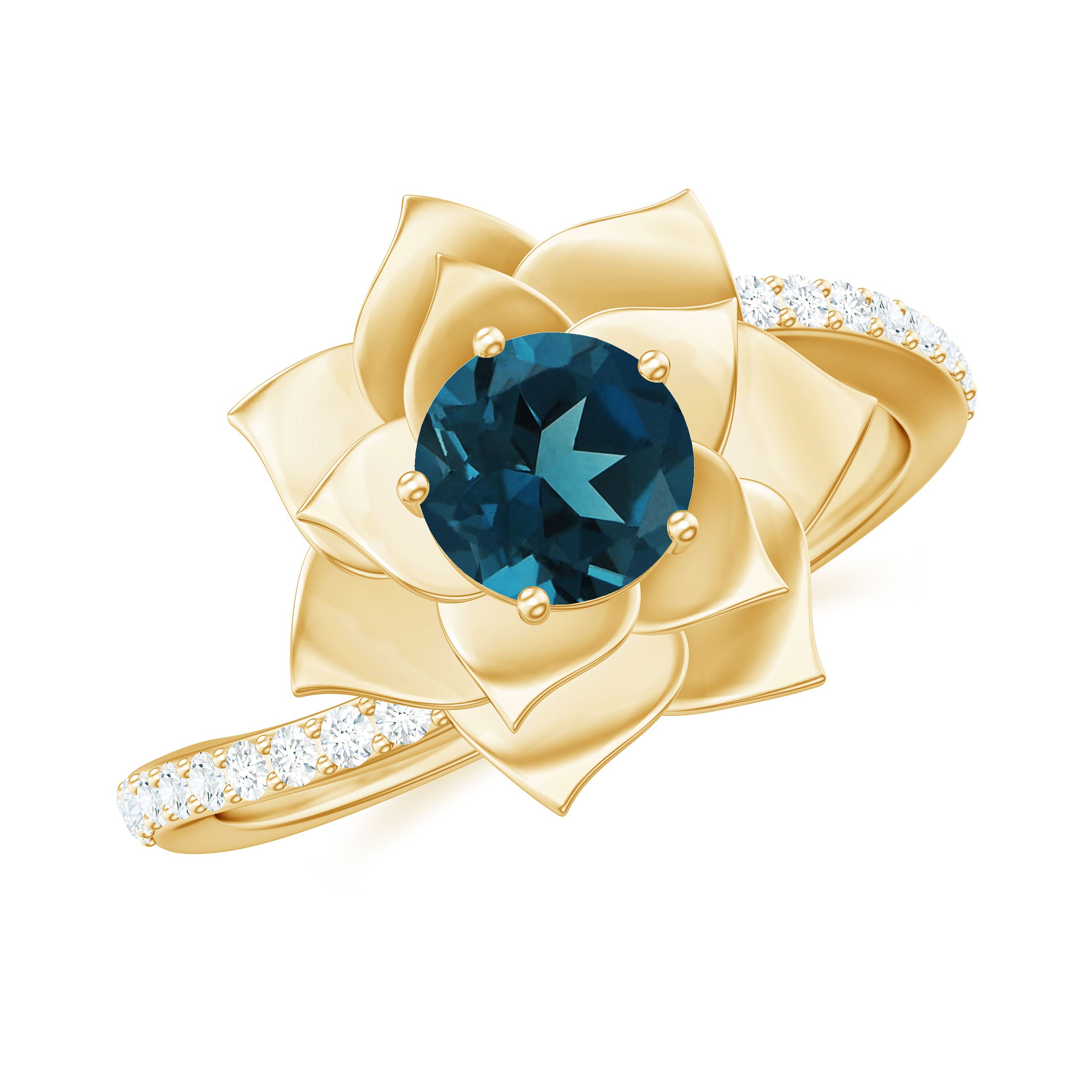 Round London Blue Topaz Bypass Flower Ring with Diamond London Blue Topaz - ( AAA ) - Quality - Rosec Jewels