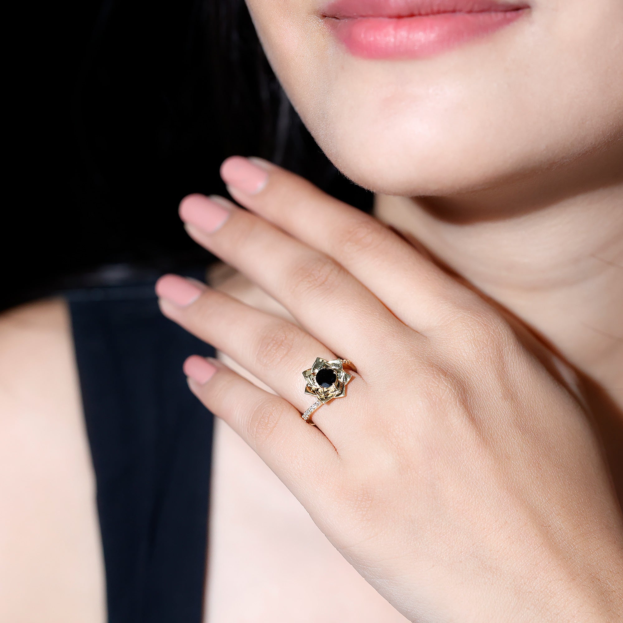 Black Onyx and Diamond Flower Engagement Ring with Bypass Shank Black Onyx - ( AAA ) - Quality - Rosec Jewels