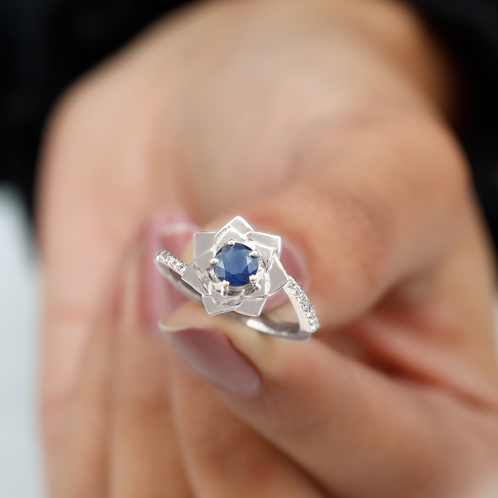 Real Blue Sapphire and Diamond Flower Ring with Bypass Shank Blue Sapphire - ( AAA ) - Quality - Rosec Jewels