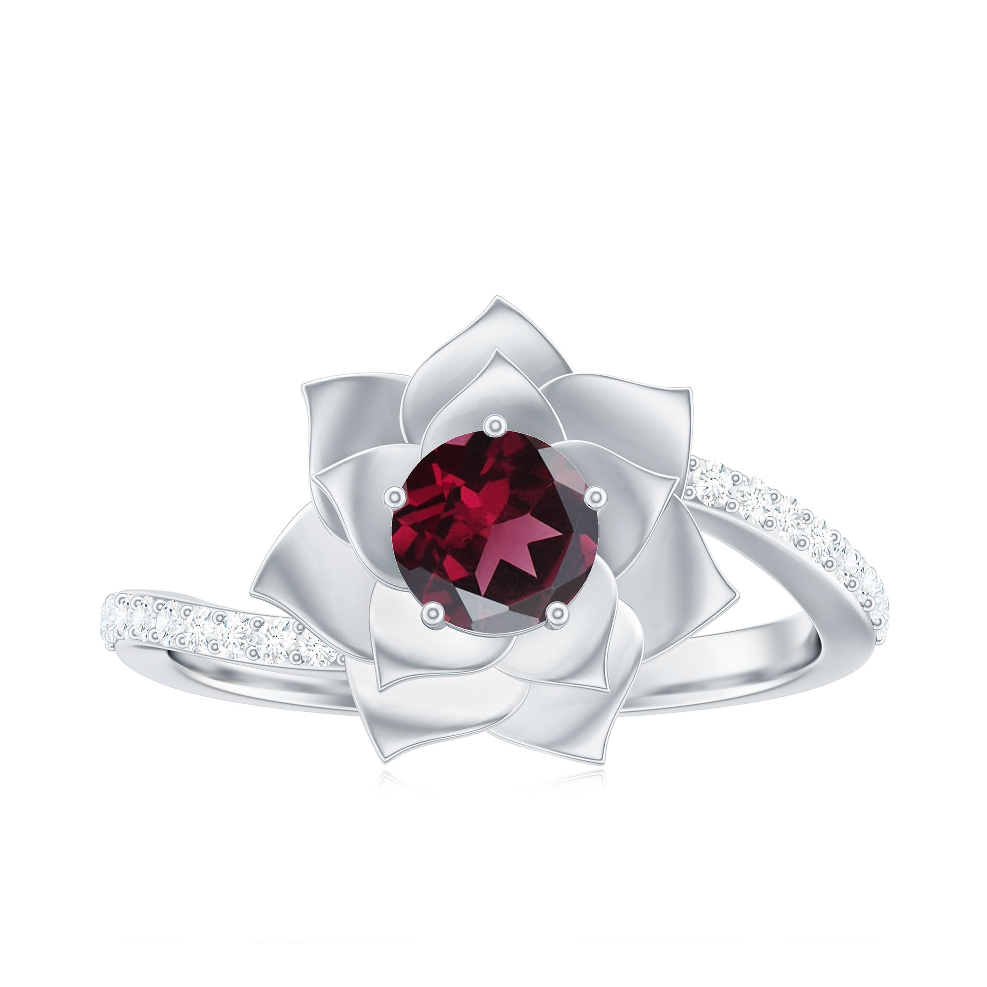 Real Rhodolite and Diamond Flower Ring with Bypass Shank Rhodolite - ( AAA ) - Quality - Rosec Jewels