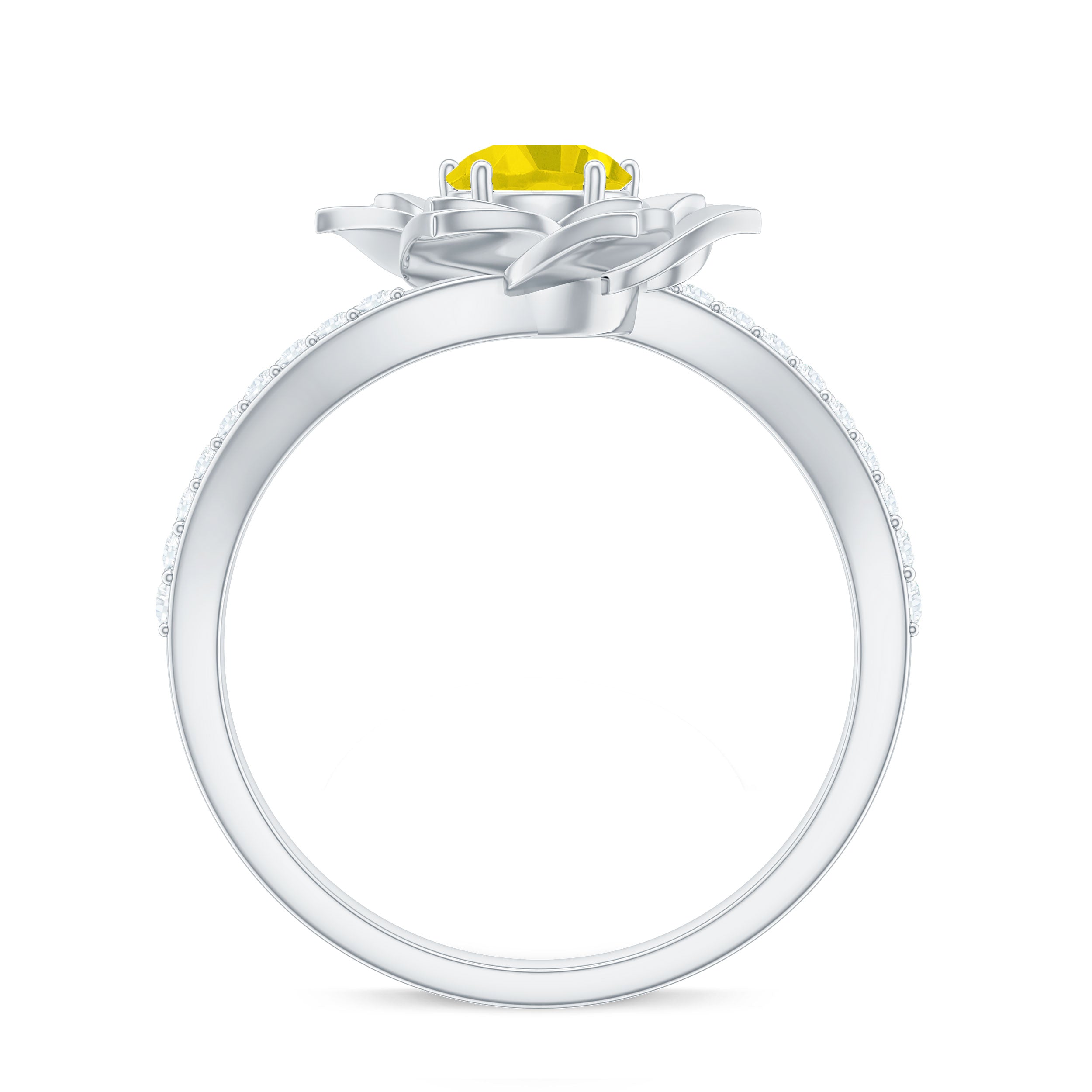 Round Yellow Sapphire Flower Bypass Ring with Diamond Yellow Sapphire - ( AAA ) - Quality - Rosec Jewels