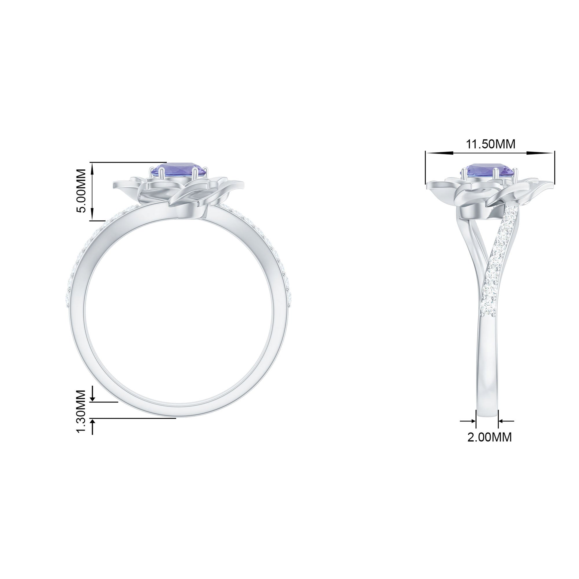 Real Tanzanite and Diamond Flower Ring in Bypass Shank Tanzanite - ( AAA ) - Quality - Rosec Jewels