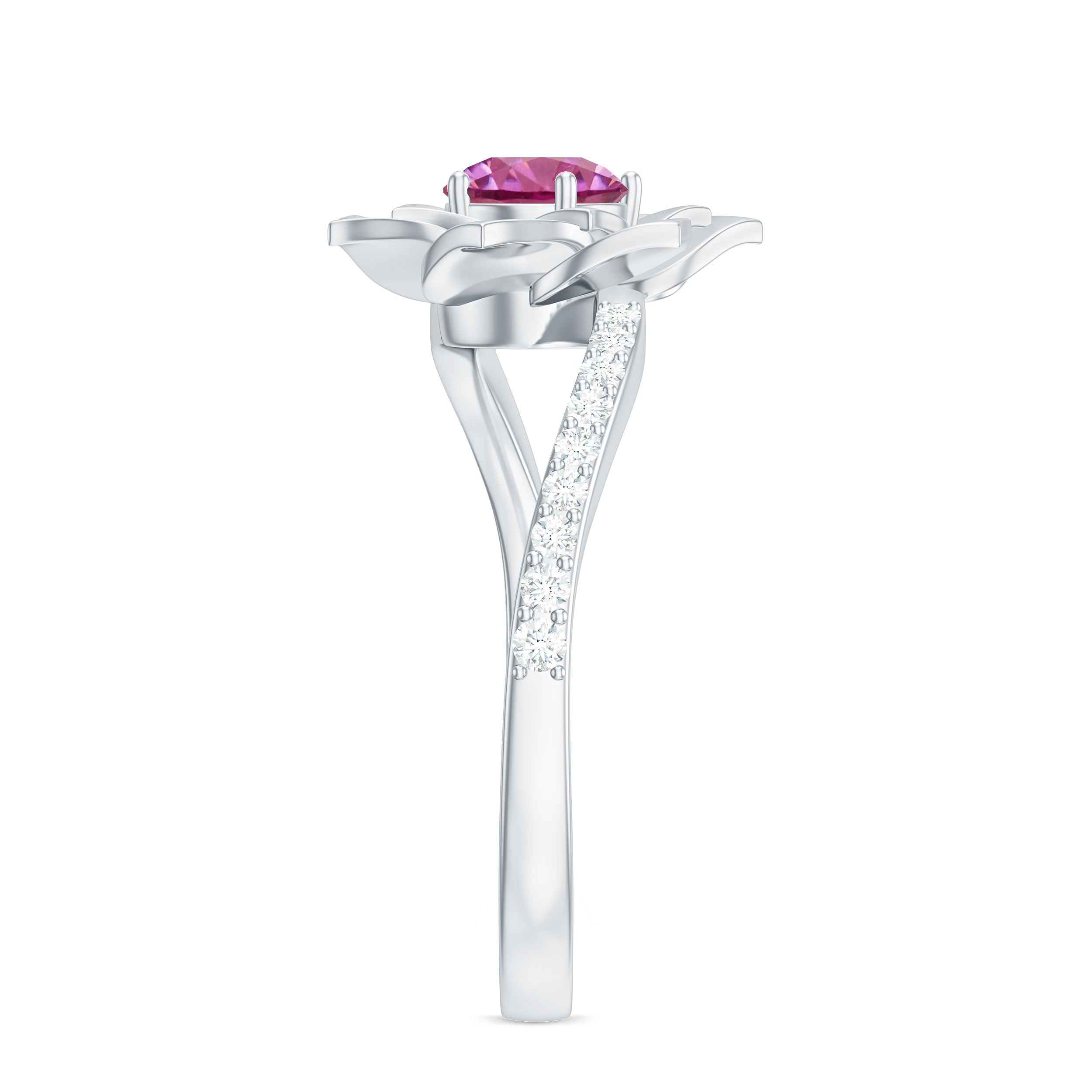 Pink Tourmaline and Diamond Flower Engagement Ring with Bypass Shank Pink Tourmaline - ( AAA ) - Quality - Rosec Jewels