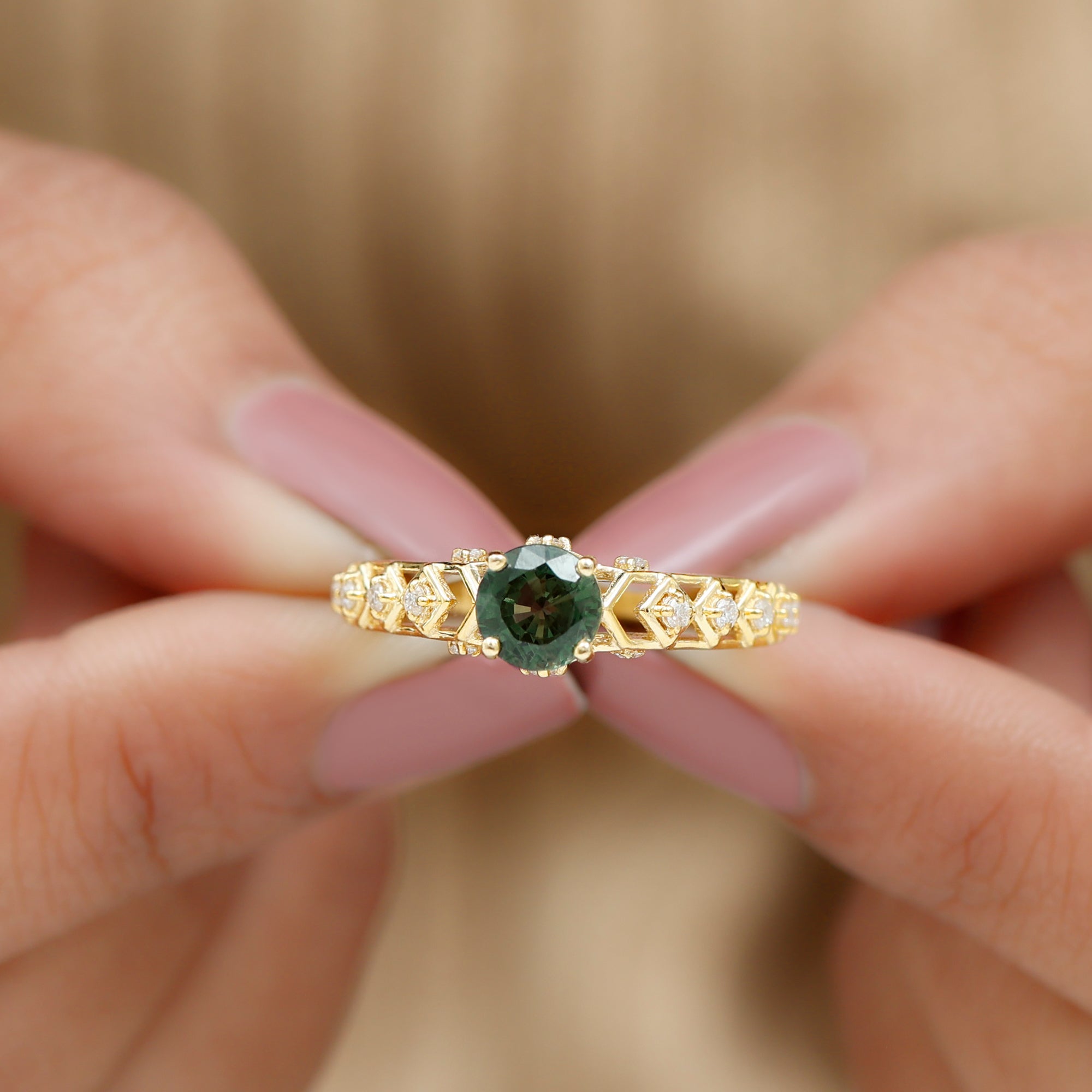 Round Created Green Sapphire Solitaire Art Deco Ring with Diamond Lab Created Green Sapphire - ( AAAA ) - Quality - Rosec Jewels