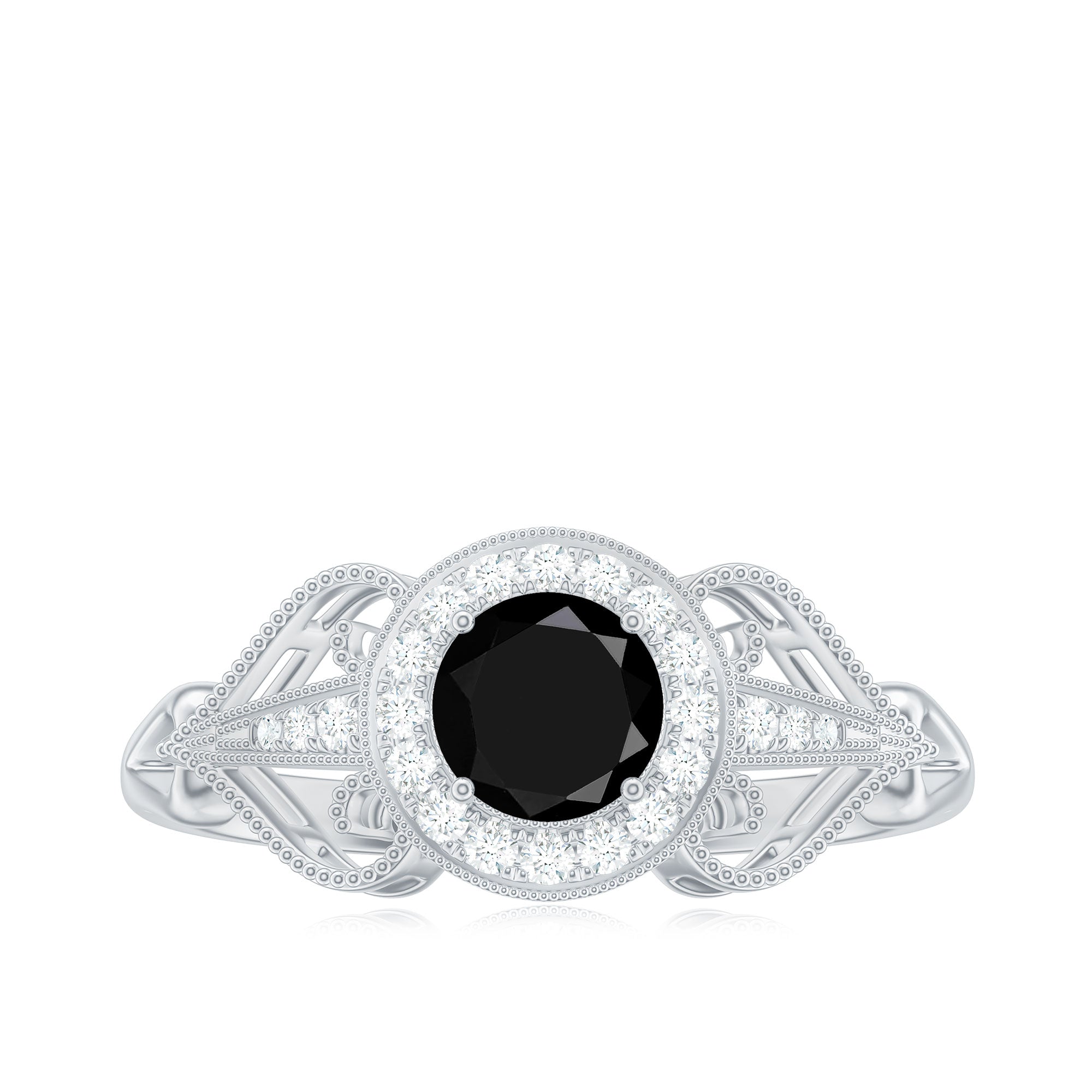 Black Onyx and Diamond Vintage Inspired Engagement Ring with Beaded Details Black Onyx - ( AAA ) - Quality - Rosec Jewels