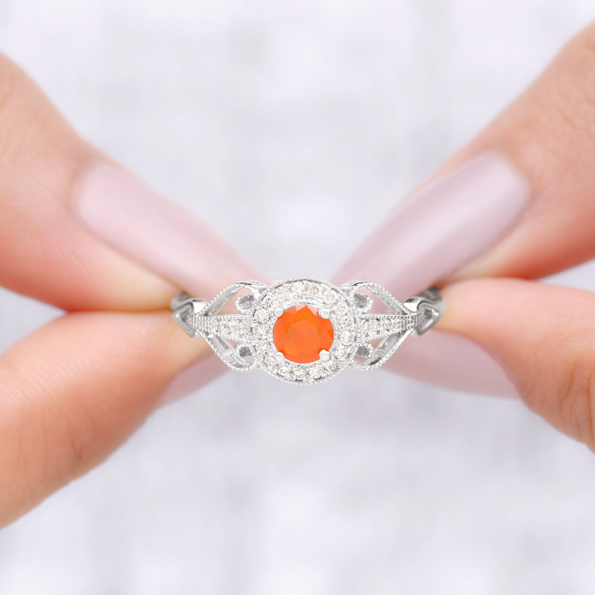 Vintage Fire Opal Diamond Engagement Ring with Beaded Detail Fire Opal - ( AAA ) - Quality - Rosec Jewels