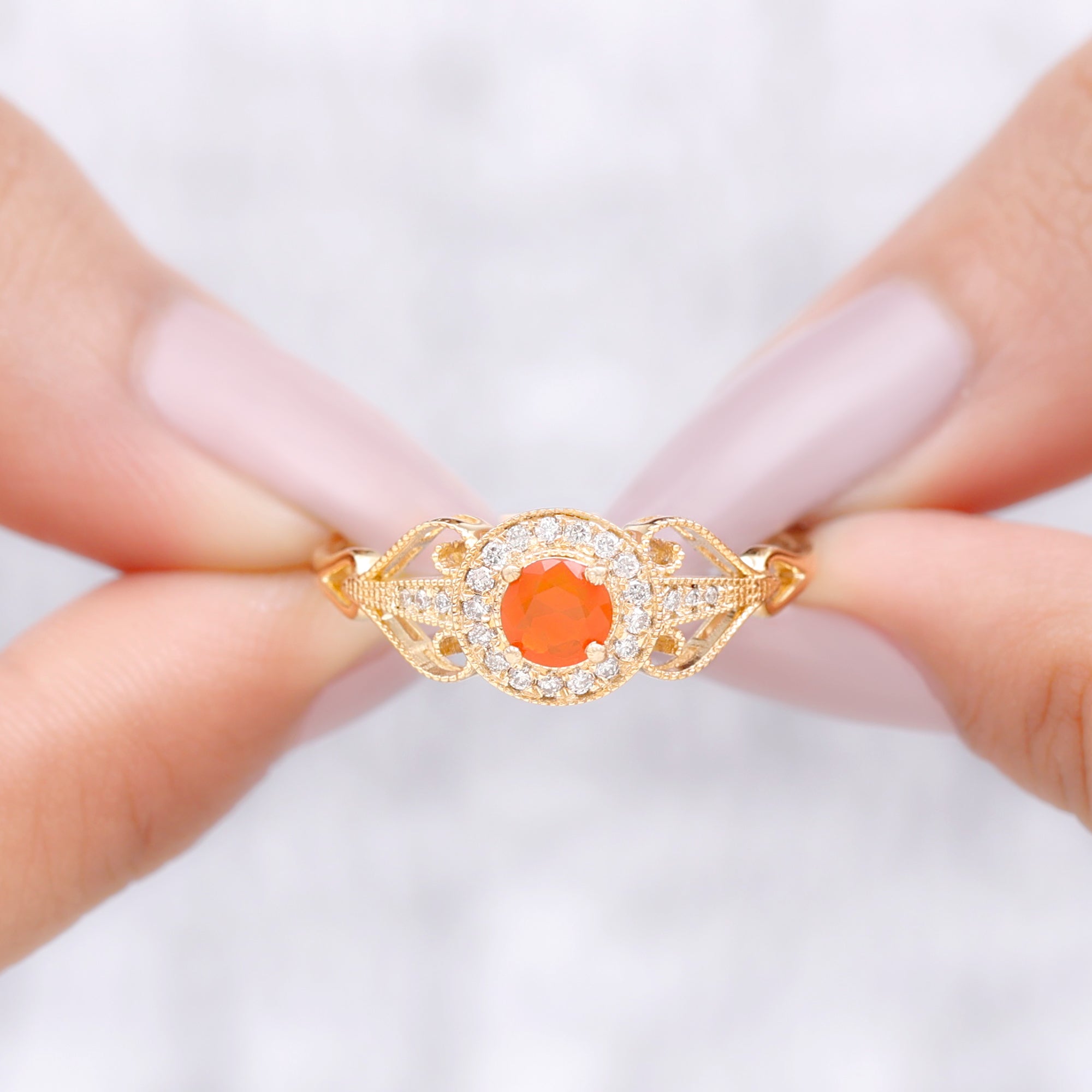 Vintage Fire Opal Diamond Engagement Ring with Beaded Detail Fire Opal - ( AAA ) - Quality - Rosec Jewels