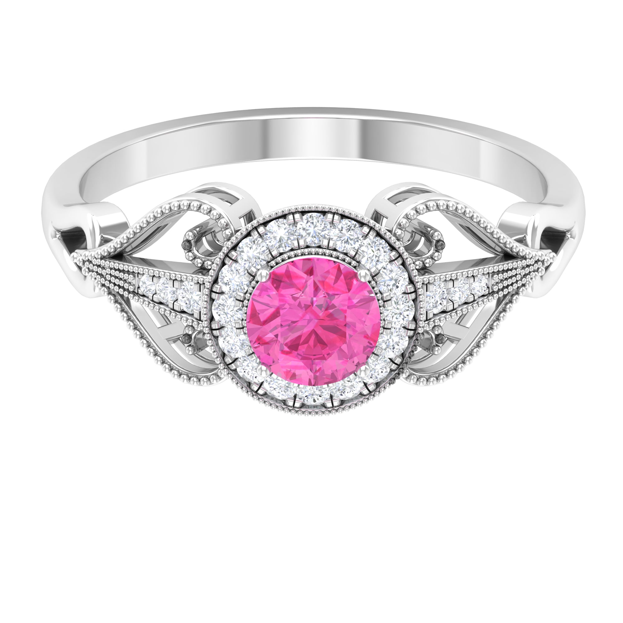 Vintage Pink Sapphire and Diamond Ring with Beaded Detail Pink Sapphire - ( AAA ) - Quality - Rosec Jewels