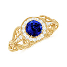 Vintage Created Blue Sapphire Diamond Beaded Engagement Ring Lab Created Blue Sapphire - ( AAAA ) - Quality - Rosec Jewels