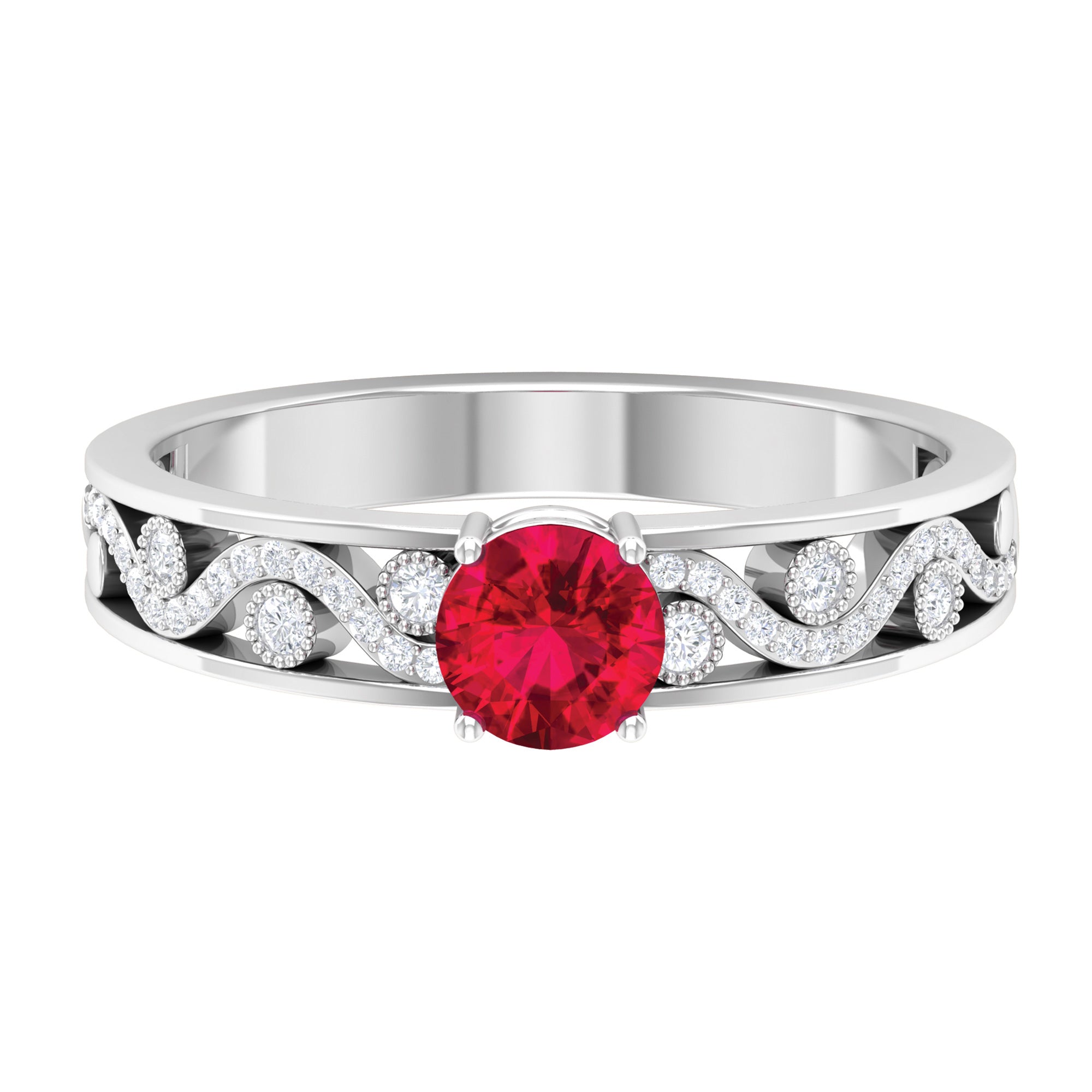 Designer Solitaire Engagement Ring with Lab Grown Ruby and Diamond Lab Created Ruby - ( AAAA ) - Quality - Rosec Jewels