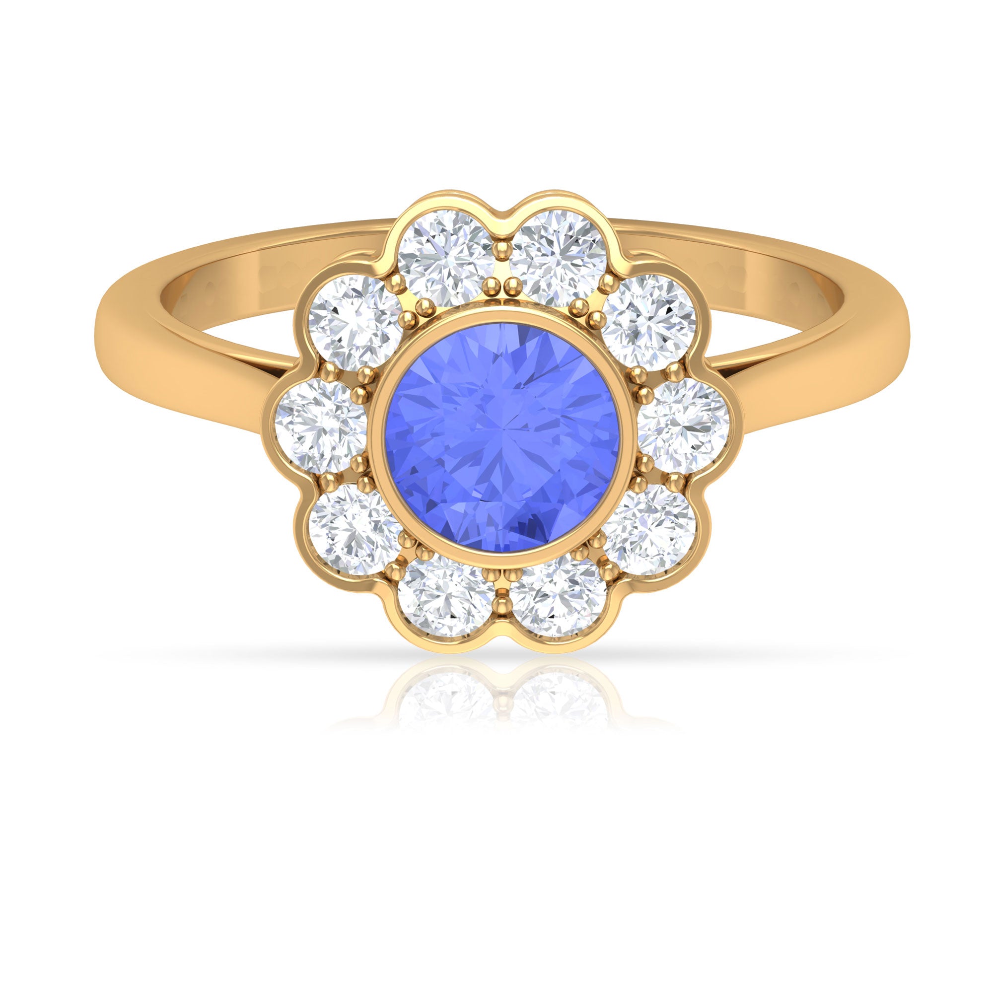 Bezel Set Tanzanite and Diamond Flower Halo Engagement Ring Tanzanite - ( AAA ) - Quality - Rosec Jewels