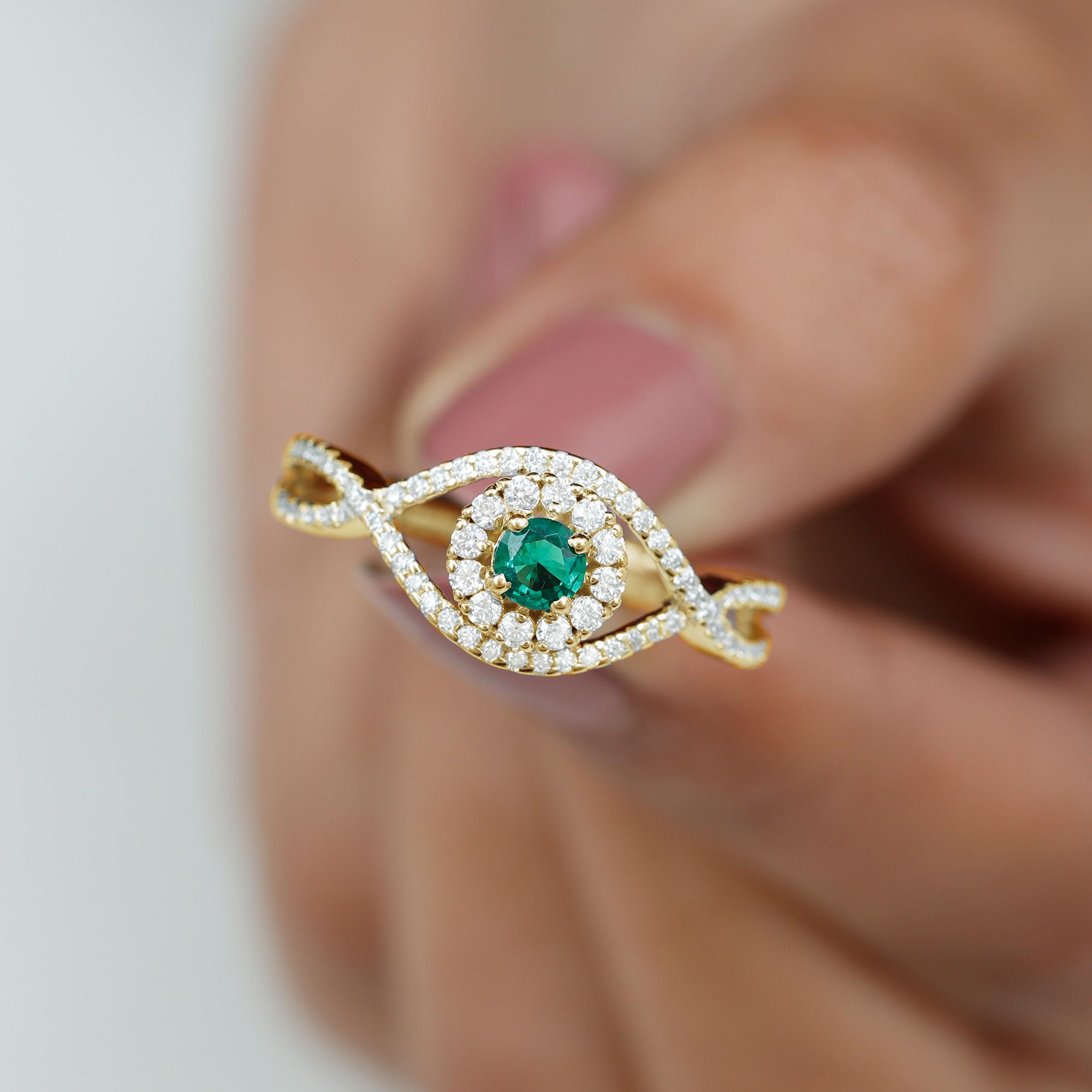 Lab Grown Emerald and Diamond Crossover Ring Lab Created Emerald - ( AAAA ) - Quality - Rosec Jewels