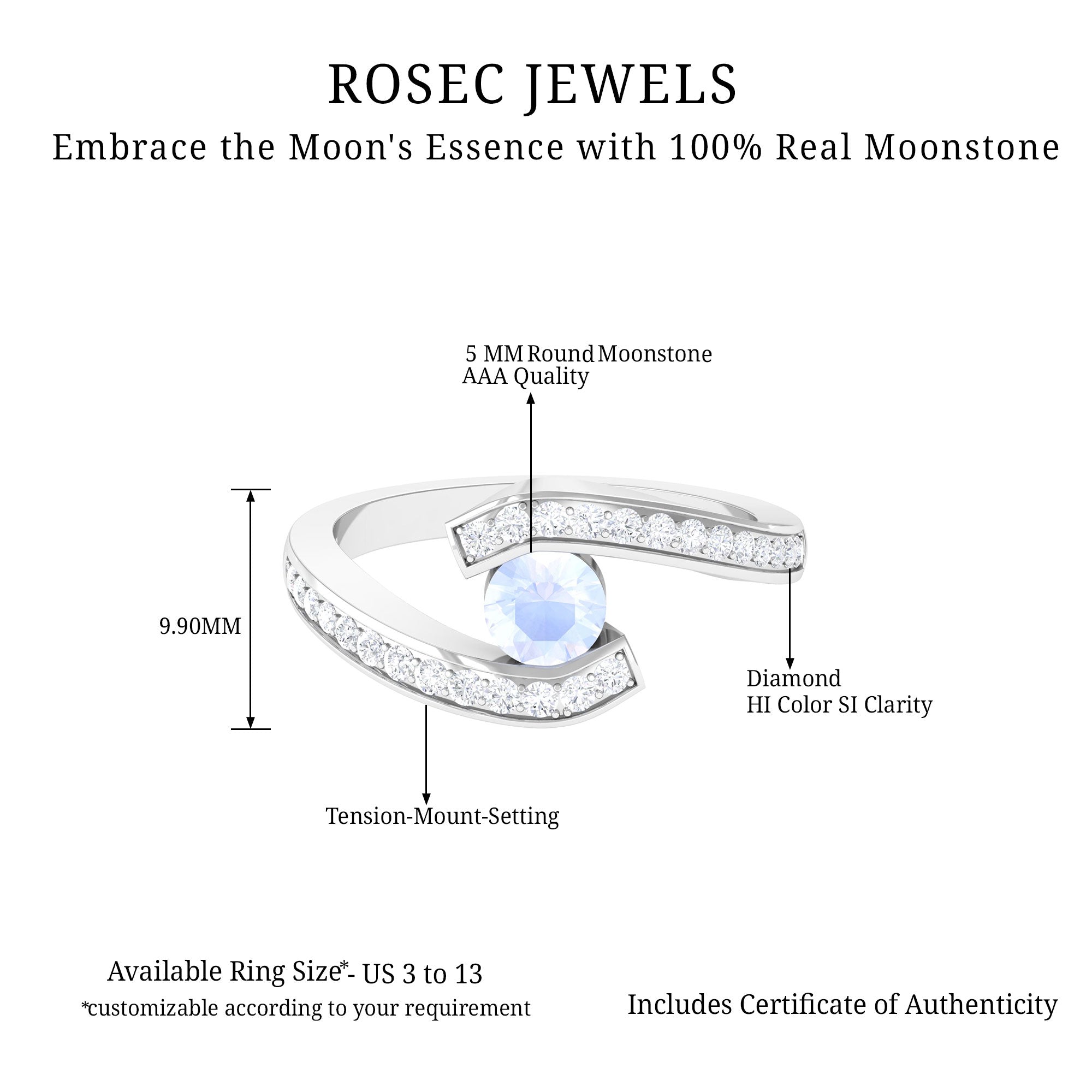 Moonstone Bypass Engagement Ring with Diamond Moonstone - ( AAA ) - Quality - Rosec Jewels