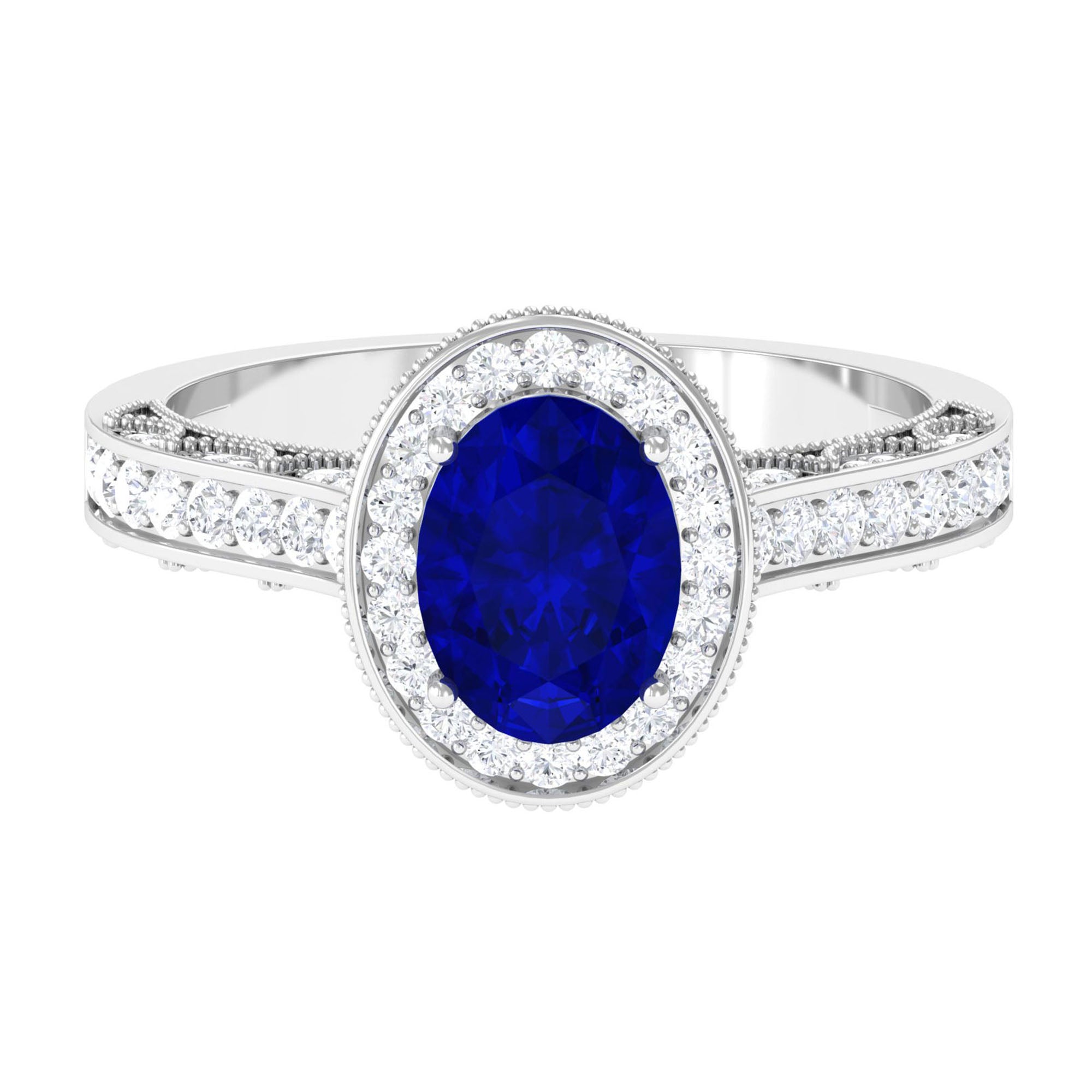 Vintage Style Lab Grown Blue Sapphire and Diamond Engagement Ring Lab Created Blue Sapphire - ( AAAA ) - Quality - Rosec Jewels