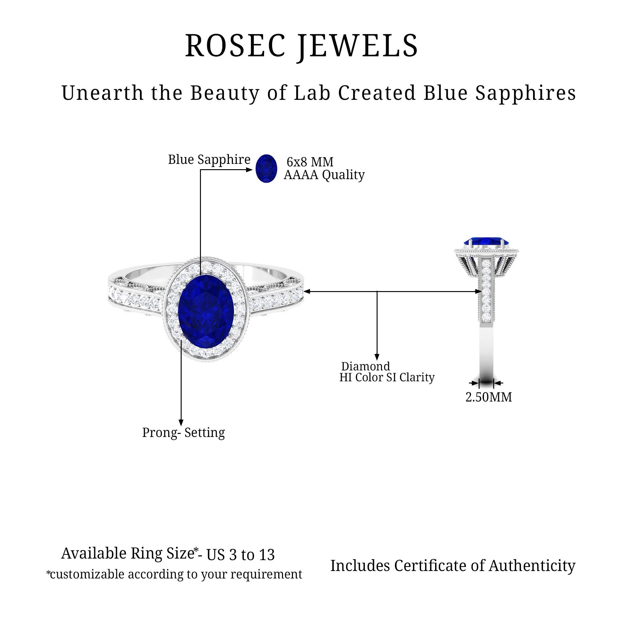 Vintage Style Lab Grown Blue Sapphire and Diamond Engagement Ring Lab Created Blue Sapphire - ( AAAA ) - Quality - Rosec Jewels