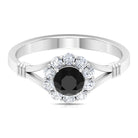 Black Onyx and Diamond Flower Halo Ring with Split Shank Black Onyx - ( AAA ) - Quality - Rosec Jewels