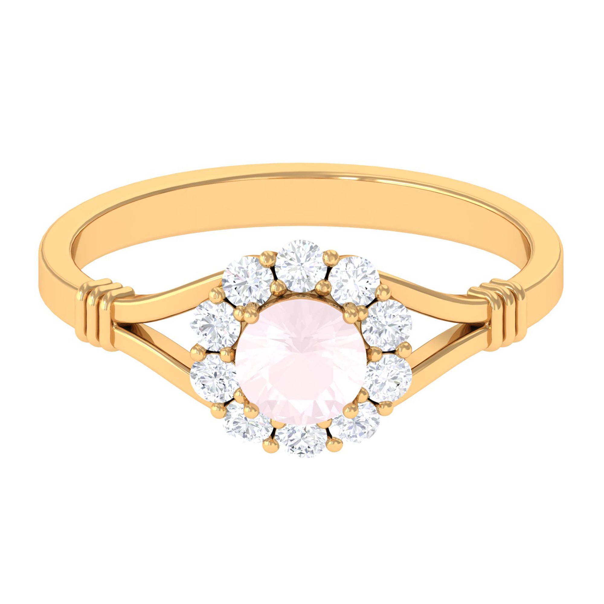 1 CT Rose Quartz Flower Engagement Ring with Diamond Halo in Split Shank Rose Quartz - ( AAA ) - Quality - Rosec Jewels