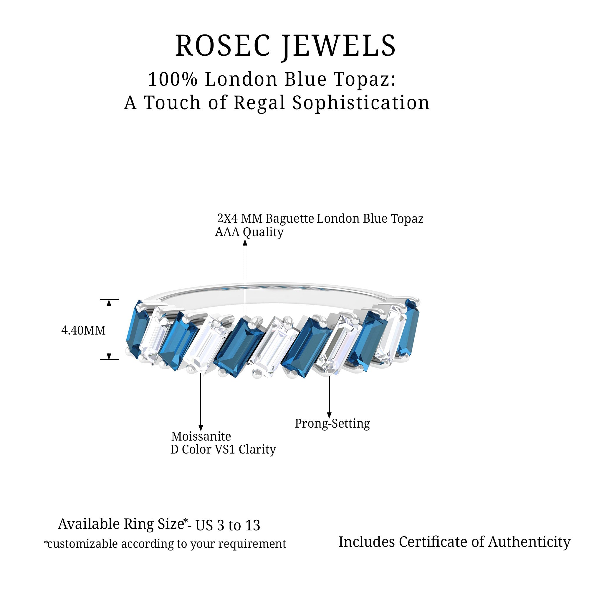 Tilted Baguette Cut London Blue Topaz and Moissanite Half Eternity Ring London Blue Topaz - ( AAA ) - Quality - Rosec Jewels