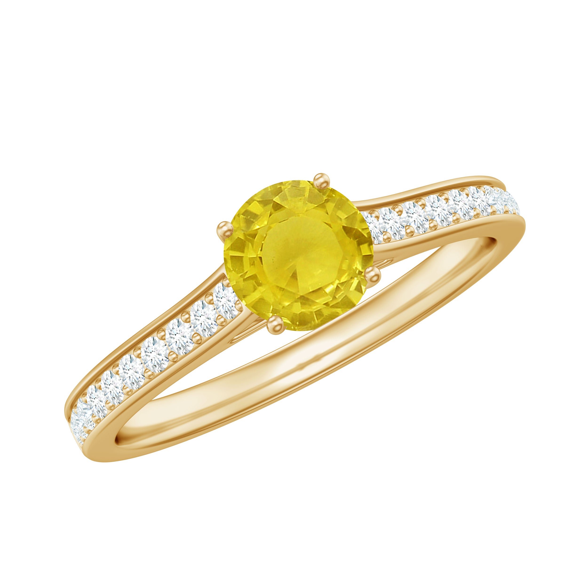 Round Yellow Sapphire Solitaire Engagement Ring with Diamond Yellow Sapphire - ( AAA ) - Quality - Rosec Jewels