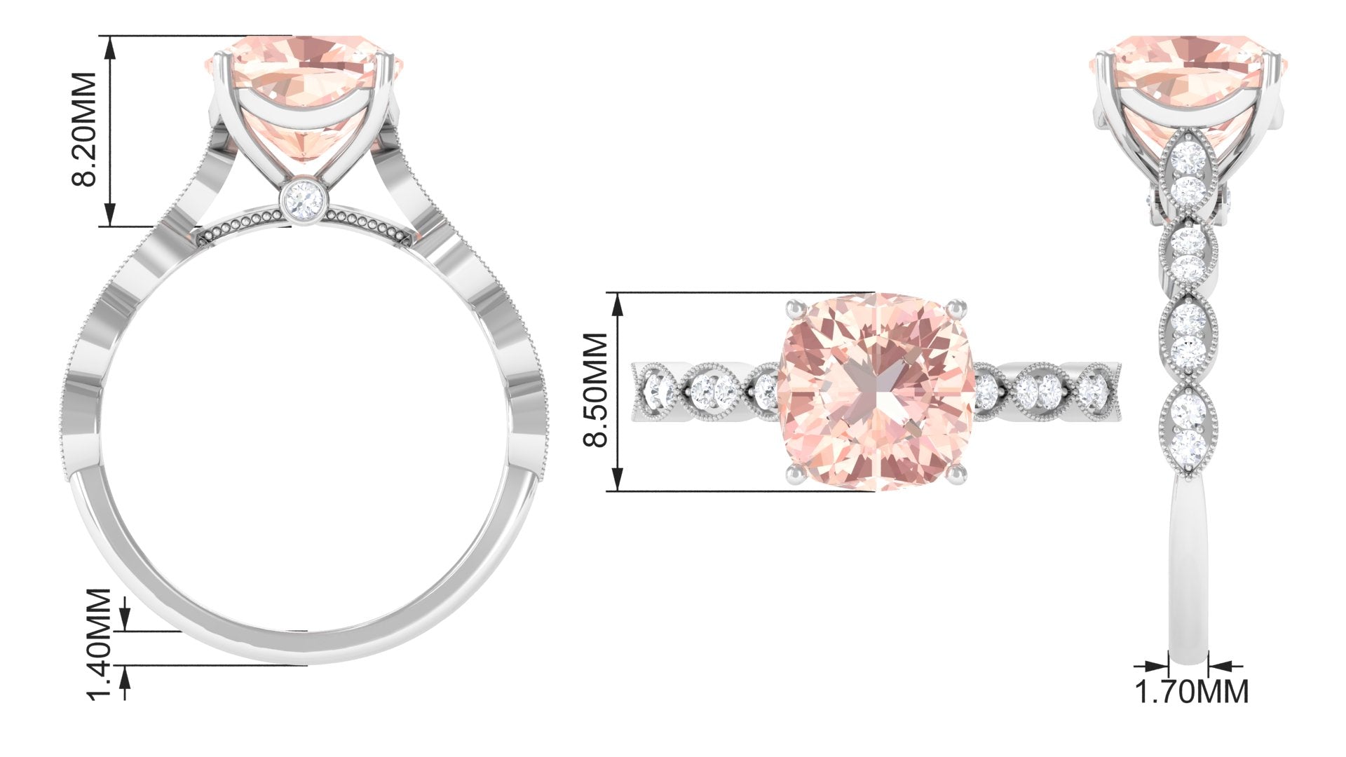 Cushion Cut Morganite Engagement Ring with Moissanite and Gold Milgrain Morganite - ( AAA ) - Quality - Rosec Jewels