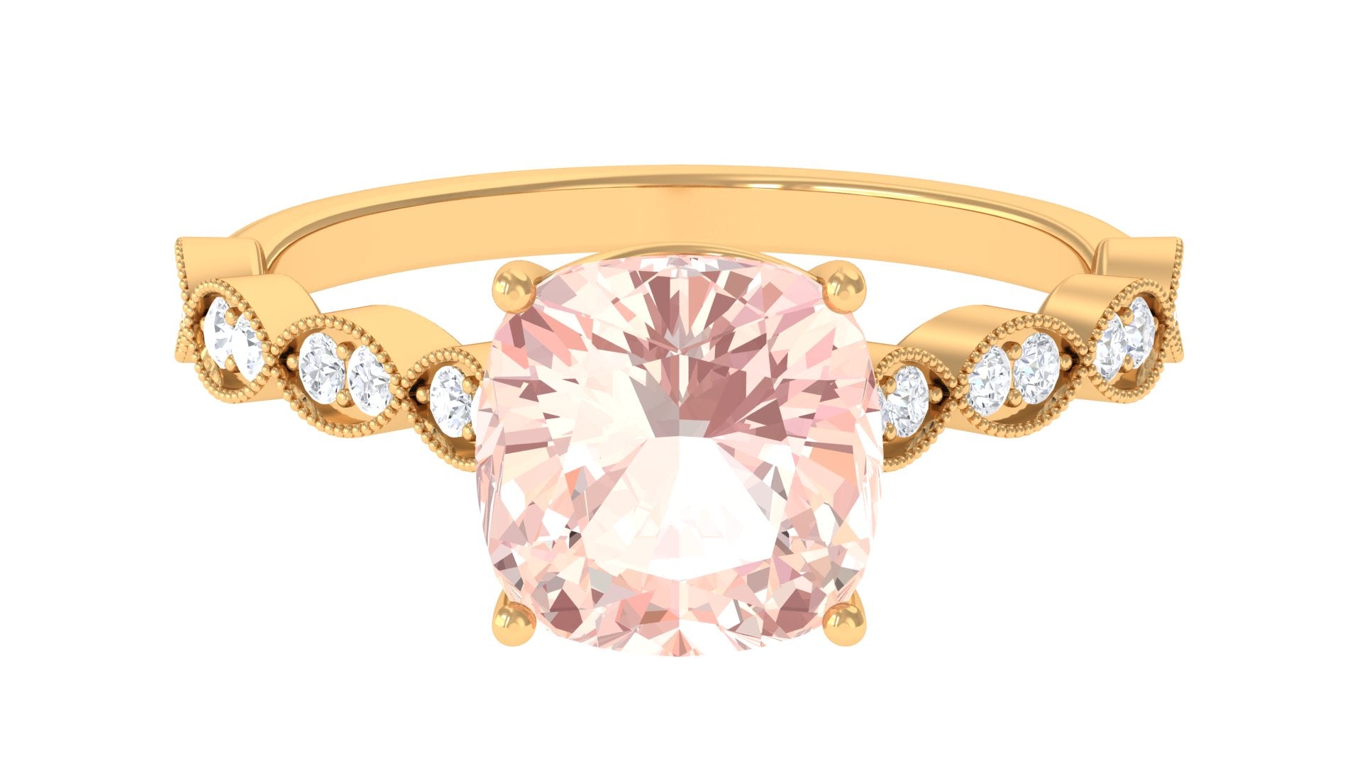 Cushion Cut Morganite Engagement Ring with Moissanite and Gold Milgrain Morganite - ( AAA ) - Quality - Rosec Jewels