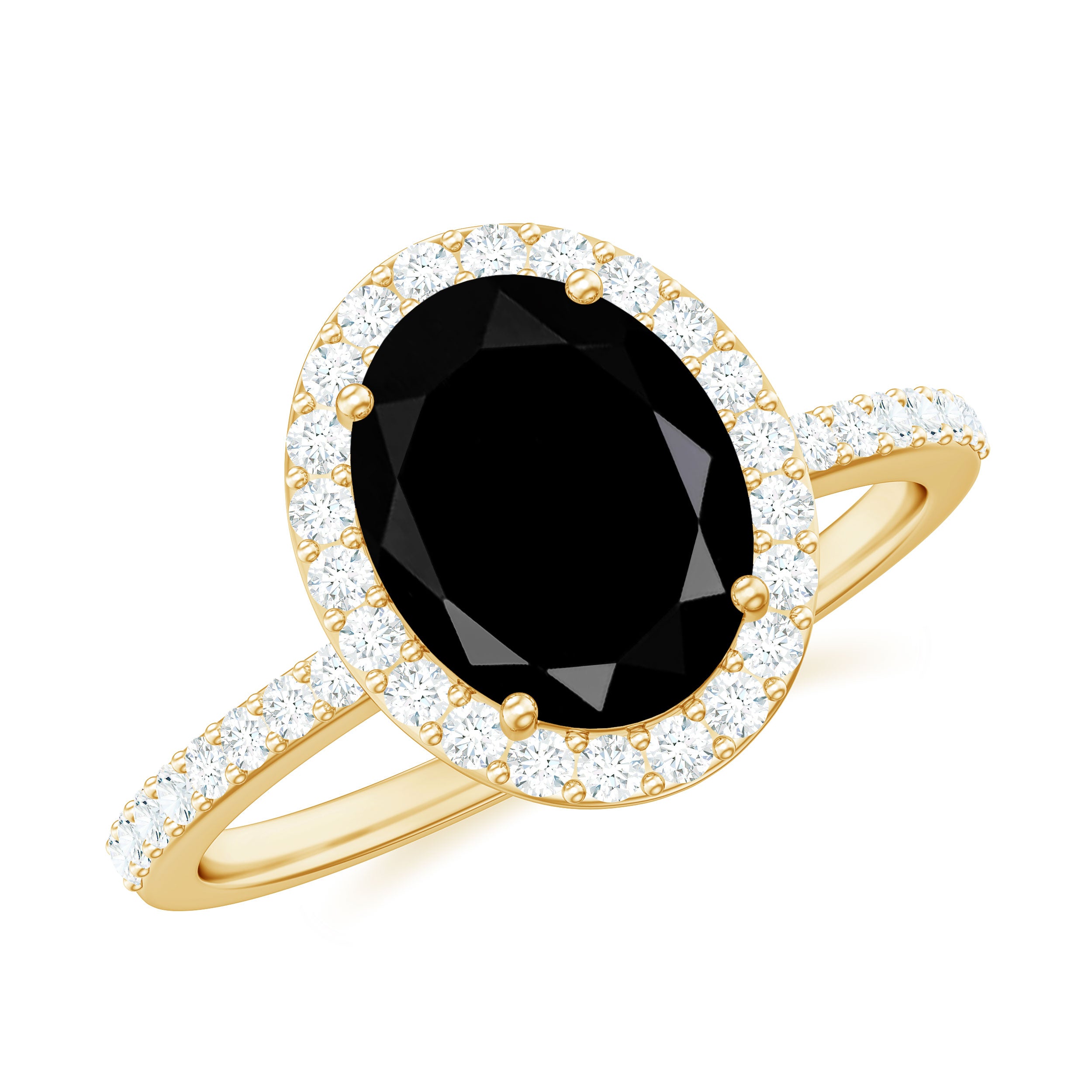 Classic Oval Shape Black Onyx Ring with Diamond Halo Black Onyx - ( AAA ) - Quality - Rosec Jewels