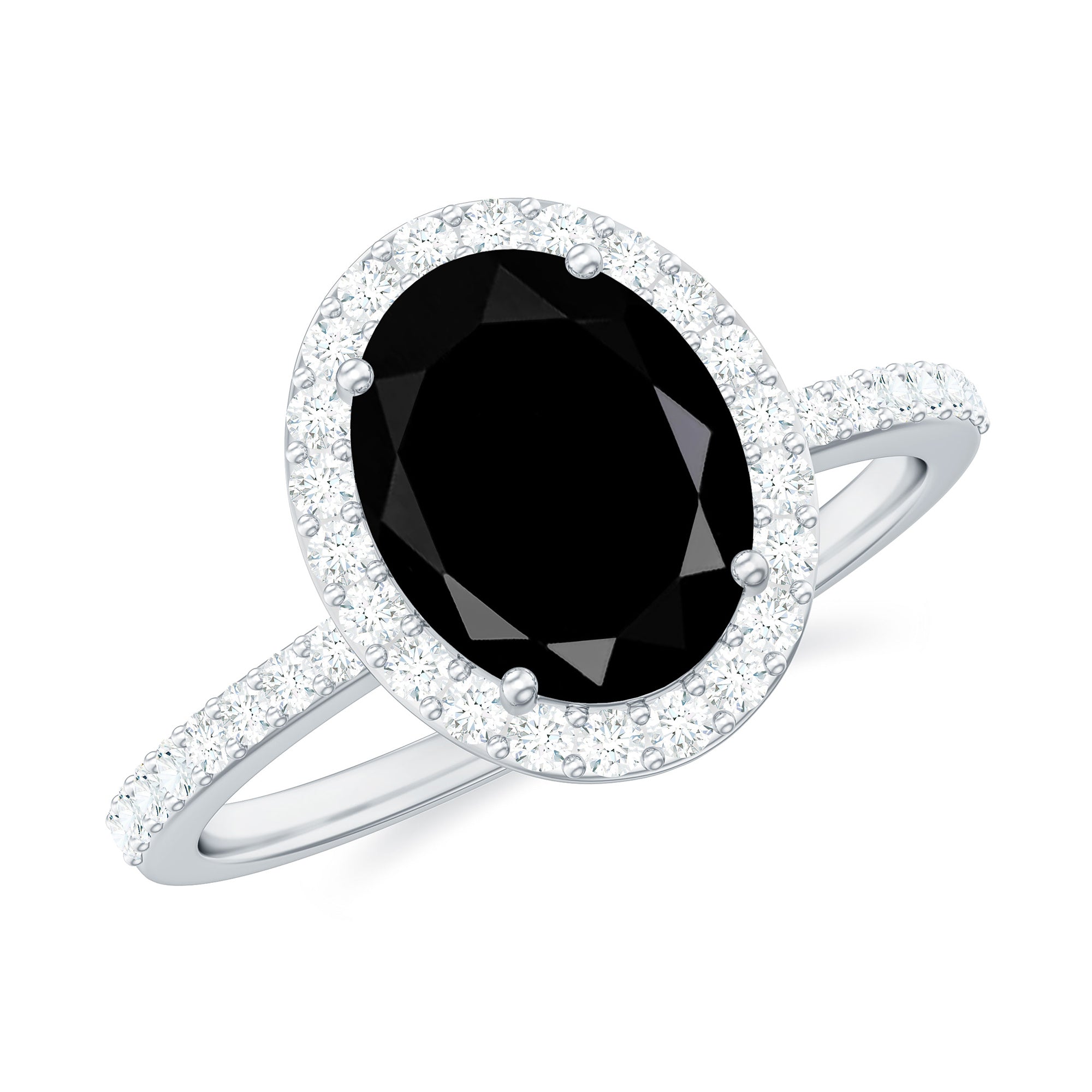 Oval Black Spinel and Diamond Classic Halo Engagement Ring Black Spinel - ( AAA ) - Quality - Rosec Jewels