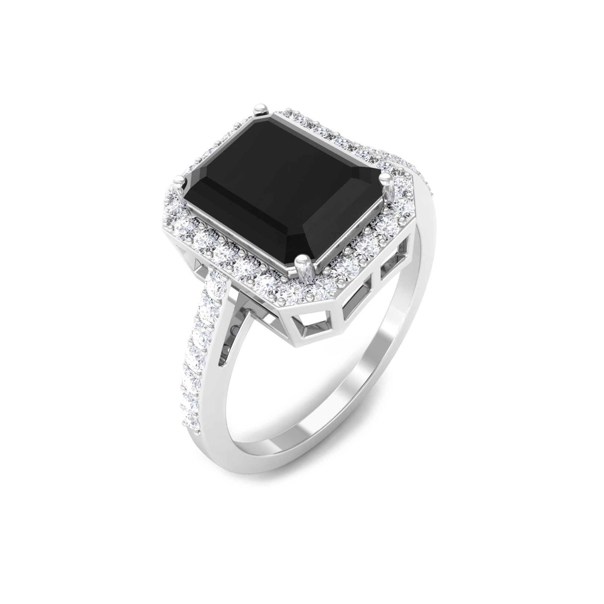 Emerald Cut Lab Created Black Diamond Halo Engagement Ring Lab Created Black Diamond - ( AAAA ) - Quality - Rosec Jewels