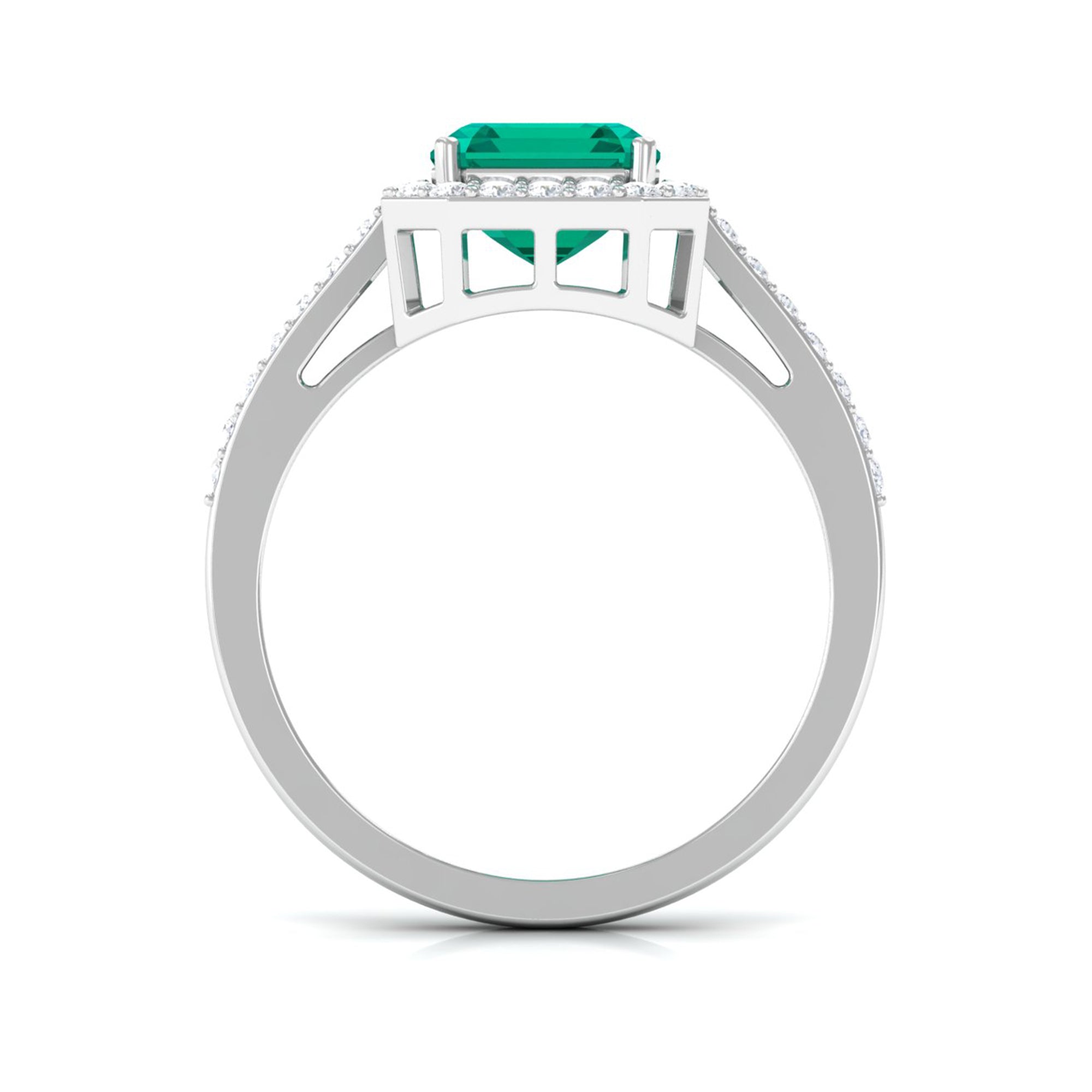 Lab Created Emerald Statement Engagement Ring With Moissanite Halo Lab Created Emerald - ( AAAA ) - Quality - Rosec Jewels