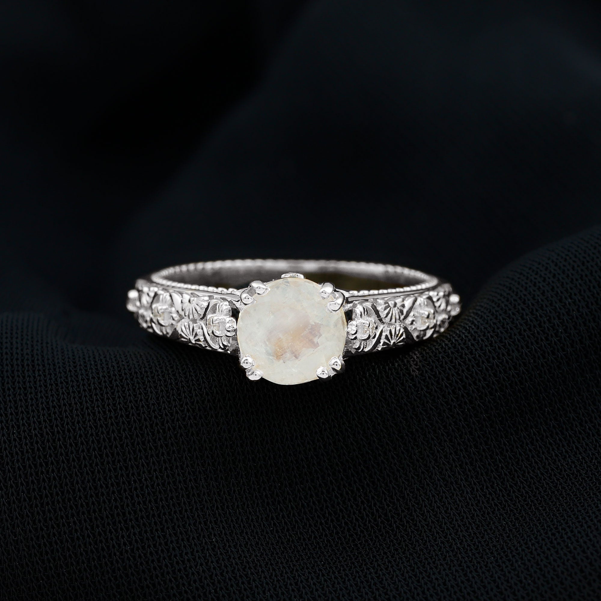 Vintage Style Flower Engagement Ring with Moonstone and Diamond Moonstone - ( AAA ) - Quality - Rosec Jewels