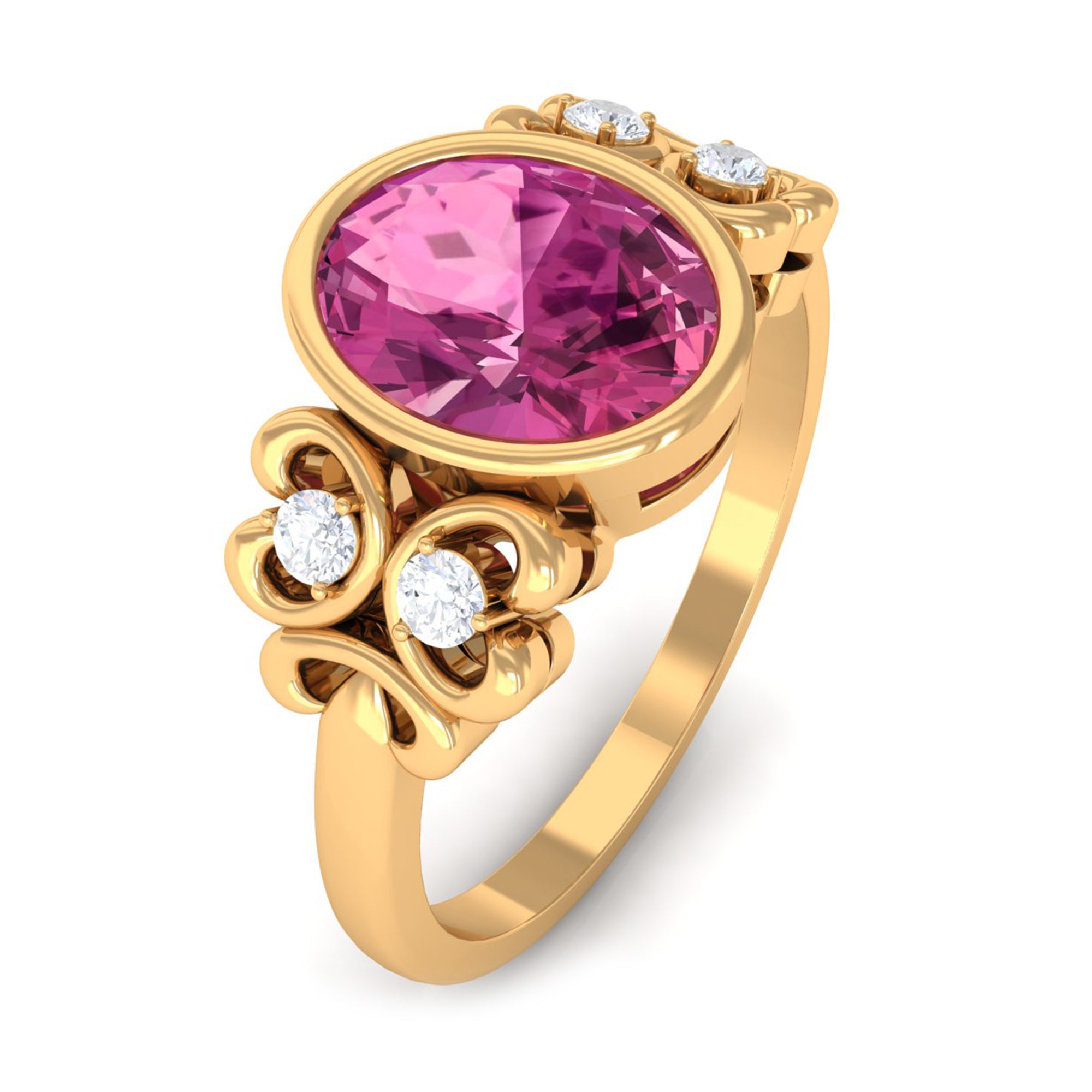 Bezel Set Oval Pink Tourmaline Statement Engagement Ring with Diamond Pink Tourmaline - ( AAA ) - Quality - Rosec Jewels