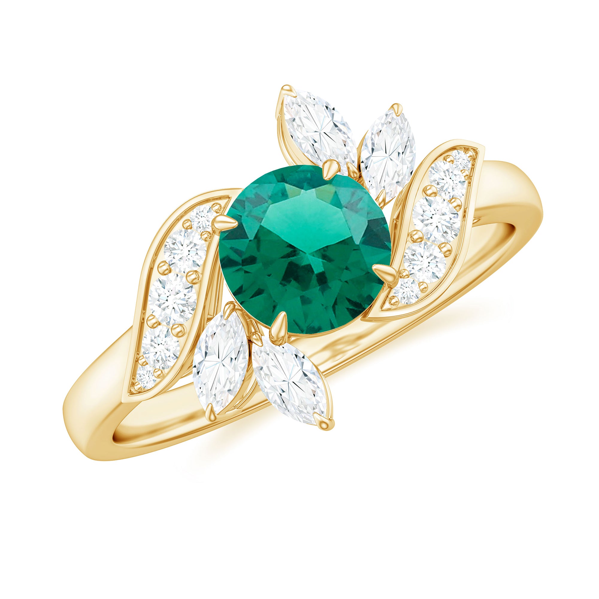 1.25 CT Round Lab Created Emerald Flower Engagement Ring with Diamond Lab Created Emerald - ( AAAA ) - Quality - Rosec Jewels