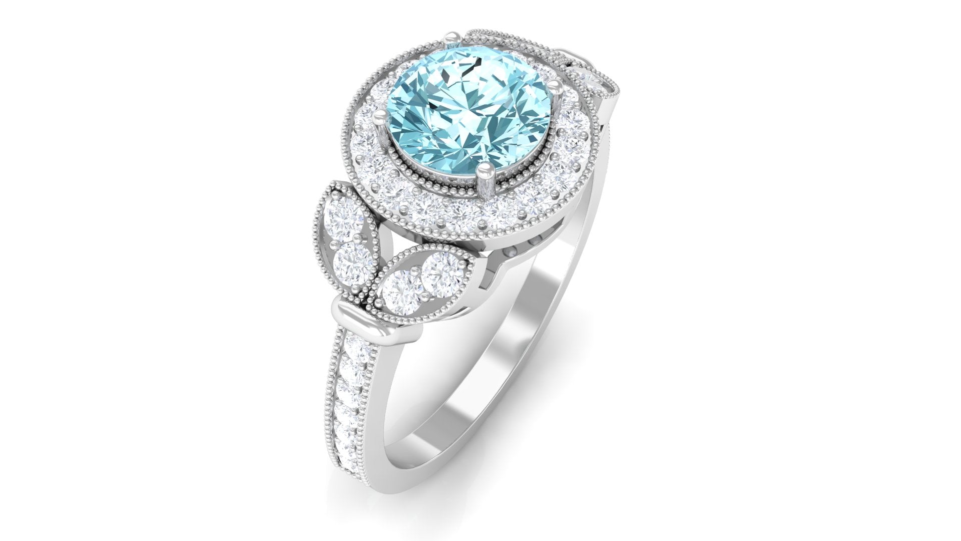 Vintage Inspired Aquamarine Engagement Ring with Diamond Aquamarine - ( AAA ) - Quality - Rosec Jewels