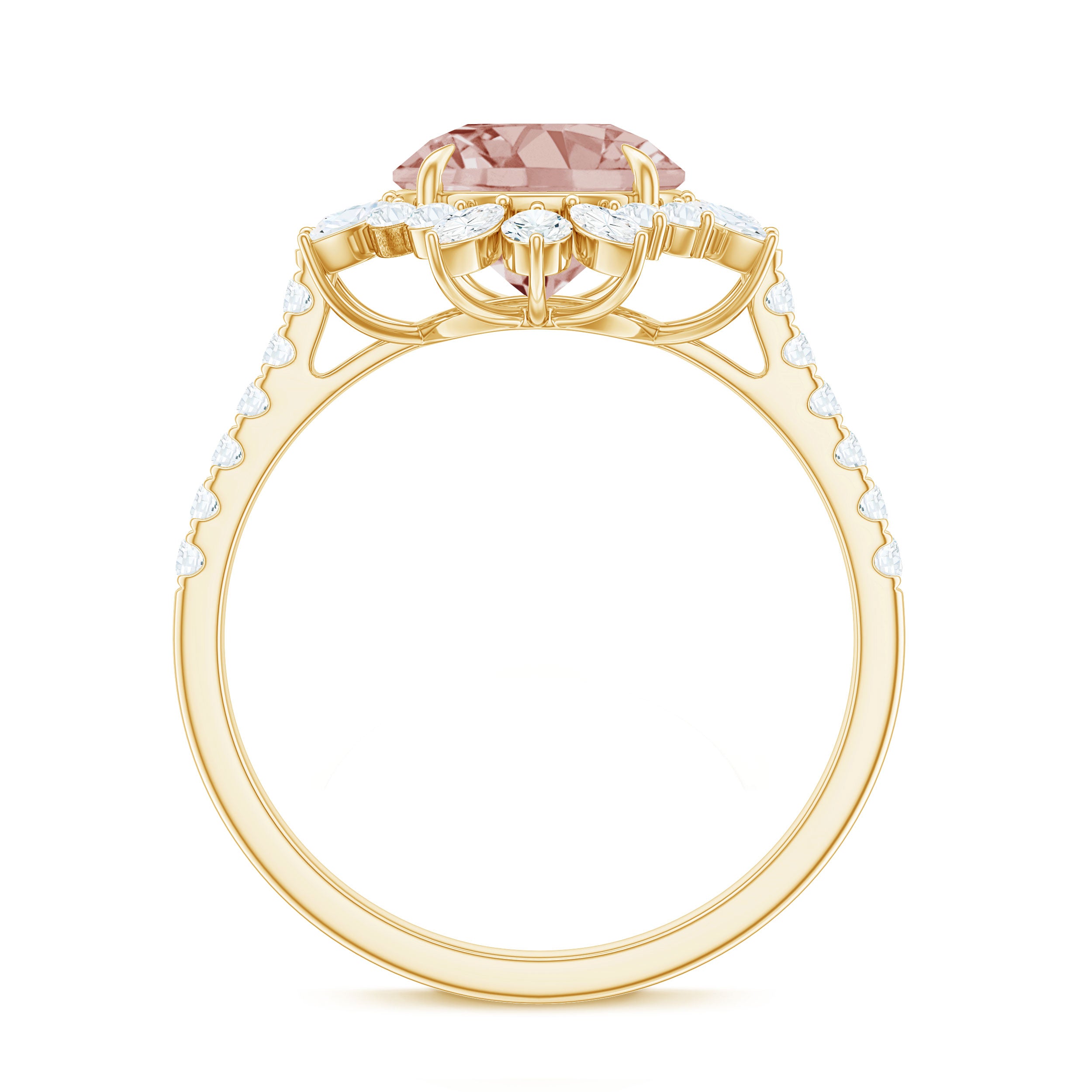 Round Morganite Statement Engagement Ring with Moissanite Floral Halo Morganite - ( AAA ) - Quality - Rosec Jewels