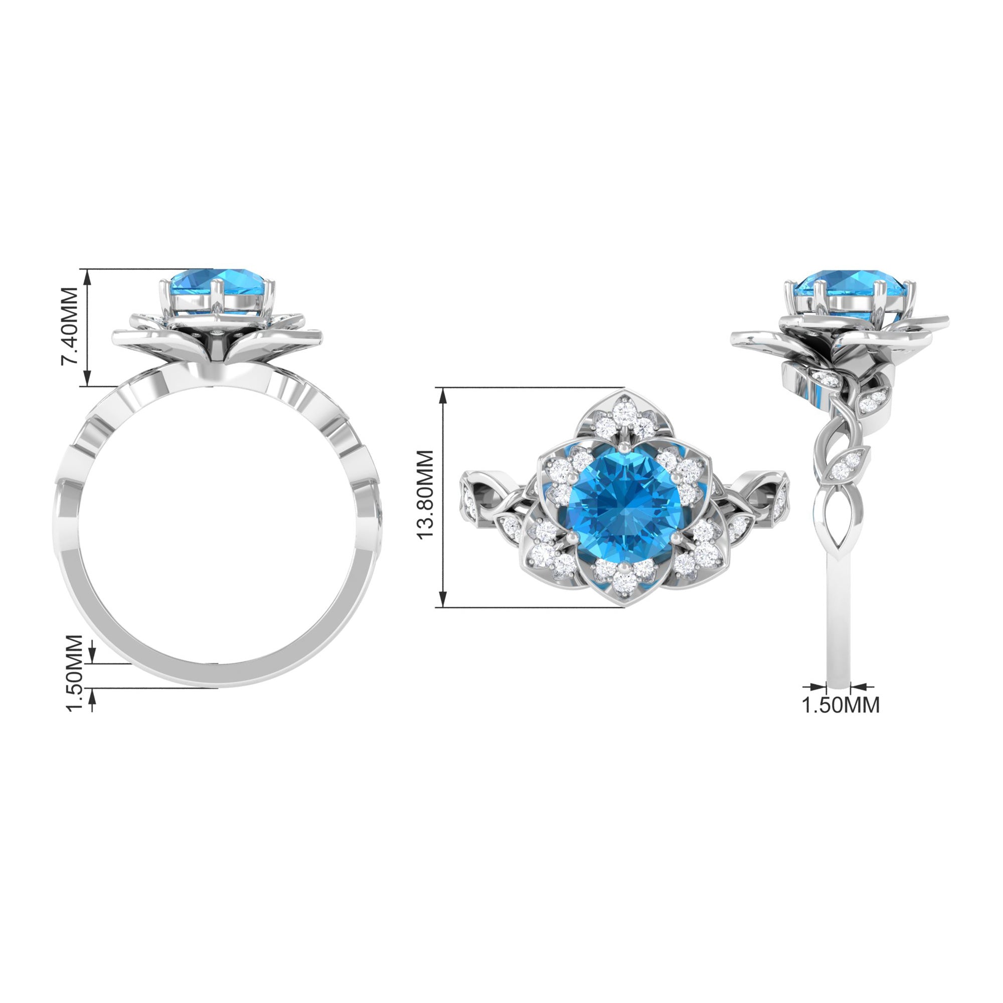 2 CT Swiss Blue Topaz Floral Engagement Ring with Diamond Accent Swiss Blue Topaz - ( AAA ) - Quality - Rosec Jewels