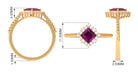 Princess Cut Rhodolite and Moissanite Halo Ring with Beaded Gold Rhodolite - ( AAA ) - Quality - Rosec Jewels