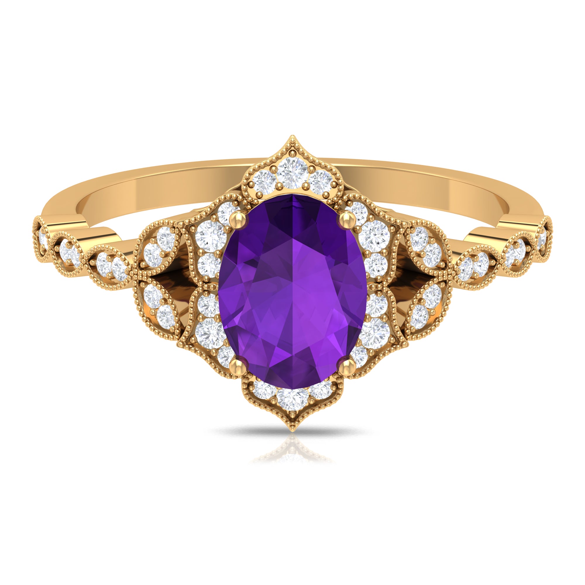 Solitaire Amethyst Engagement Ring with Diamond Accent Amethyst - ( AAA ) - Quality - Rosec Jewels