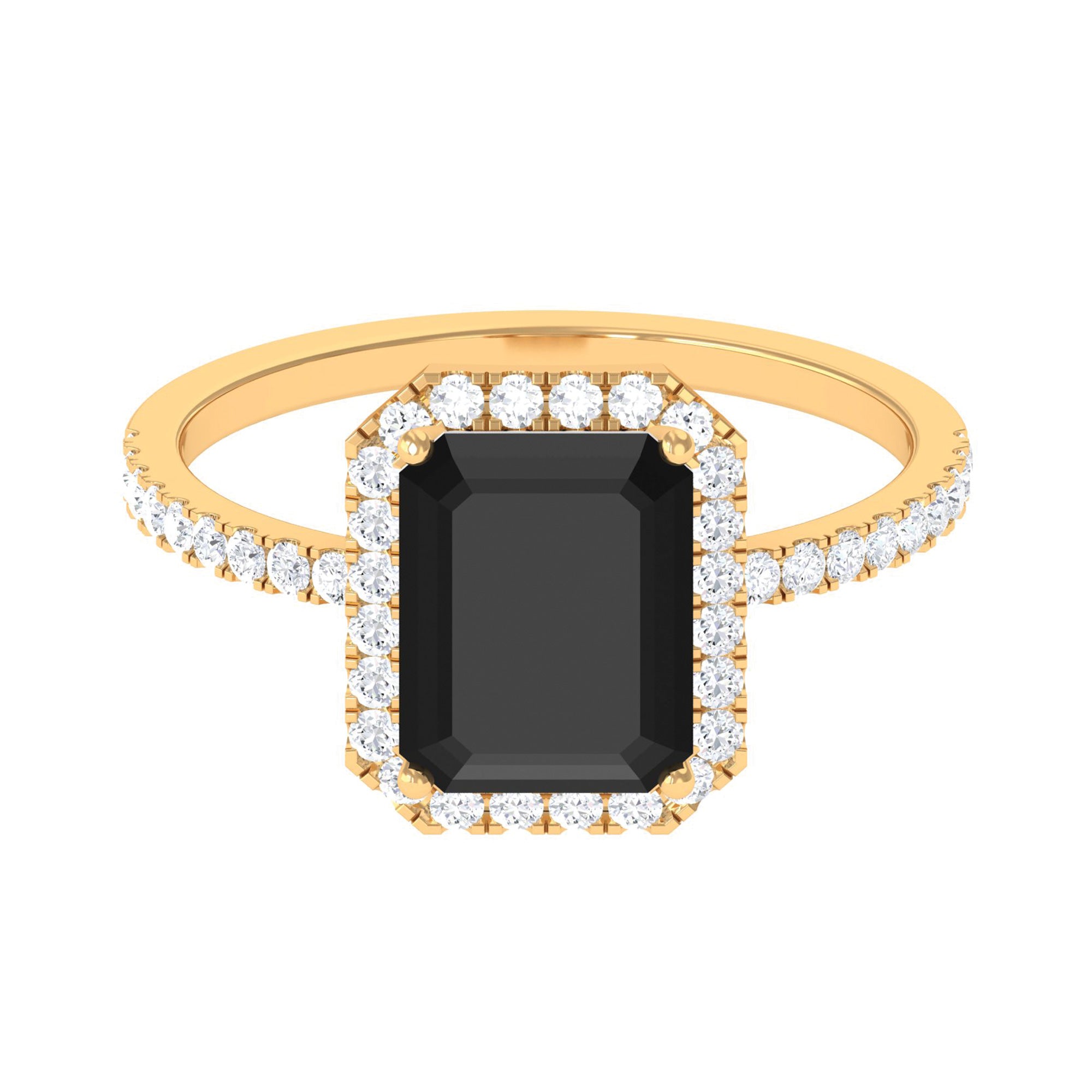 Emerald Cut Black Onyx Halo Engagement Ring with Diamond Black Onyx - ( AAA ) - Quality - Rosec Jewels