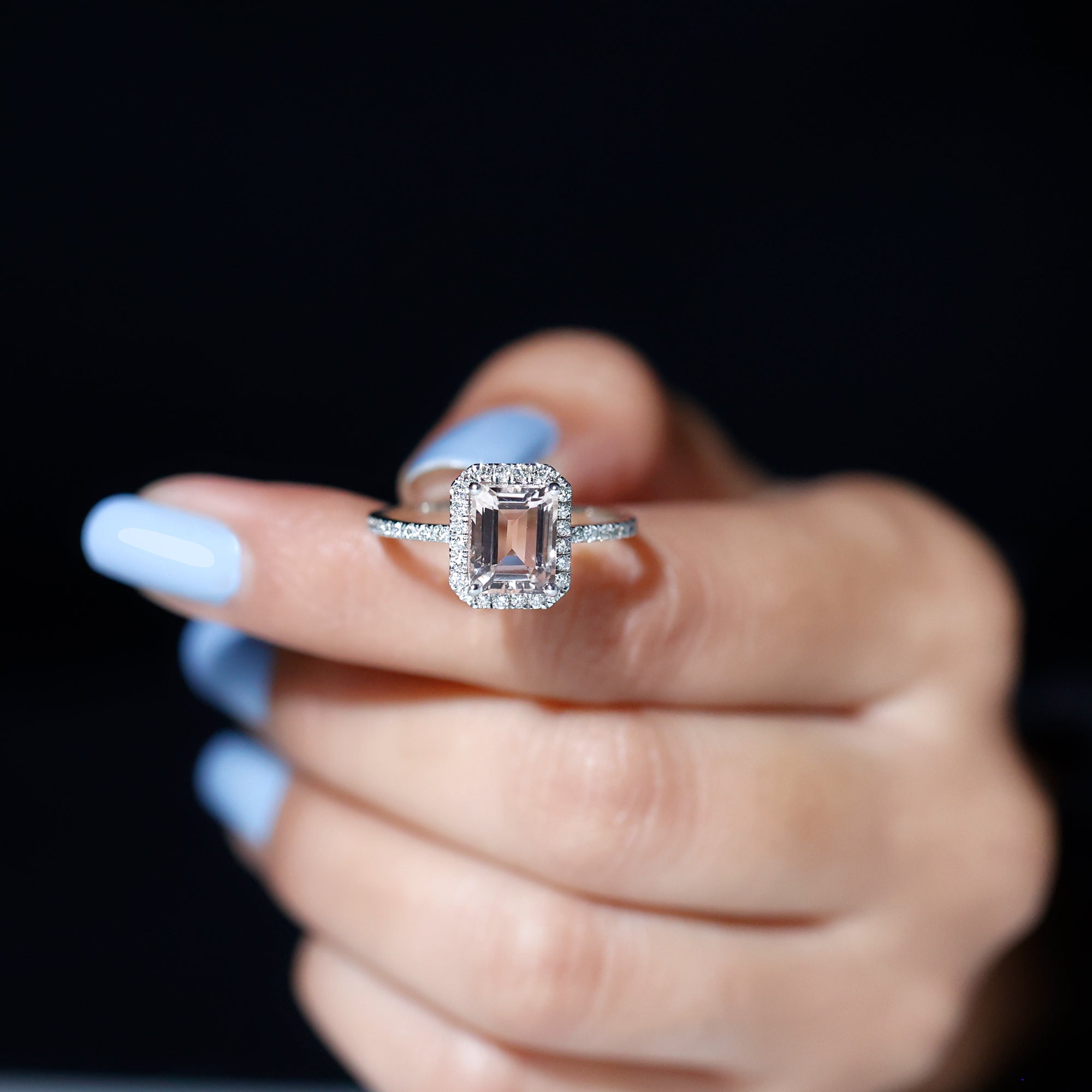 Emerald Cut Morganite Engagement Ring with Diamond Halo Morganite - ( AAA ) - Quality - Rosec Jewels