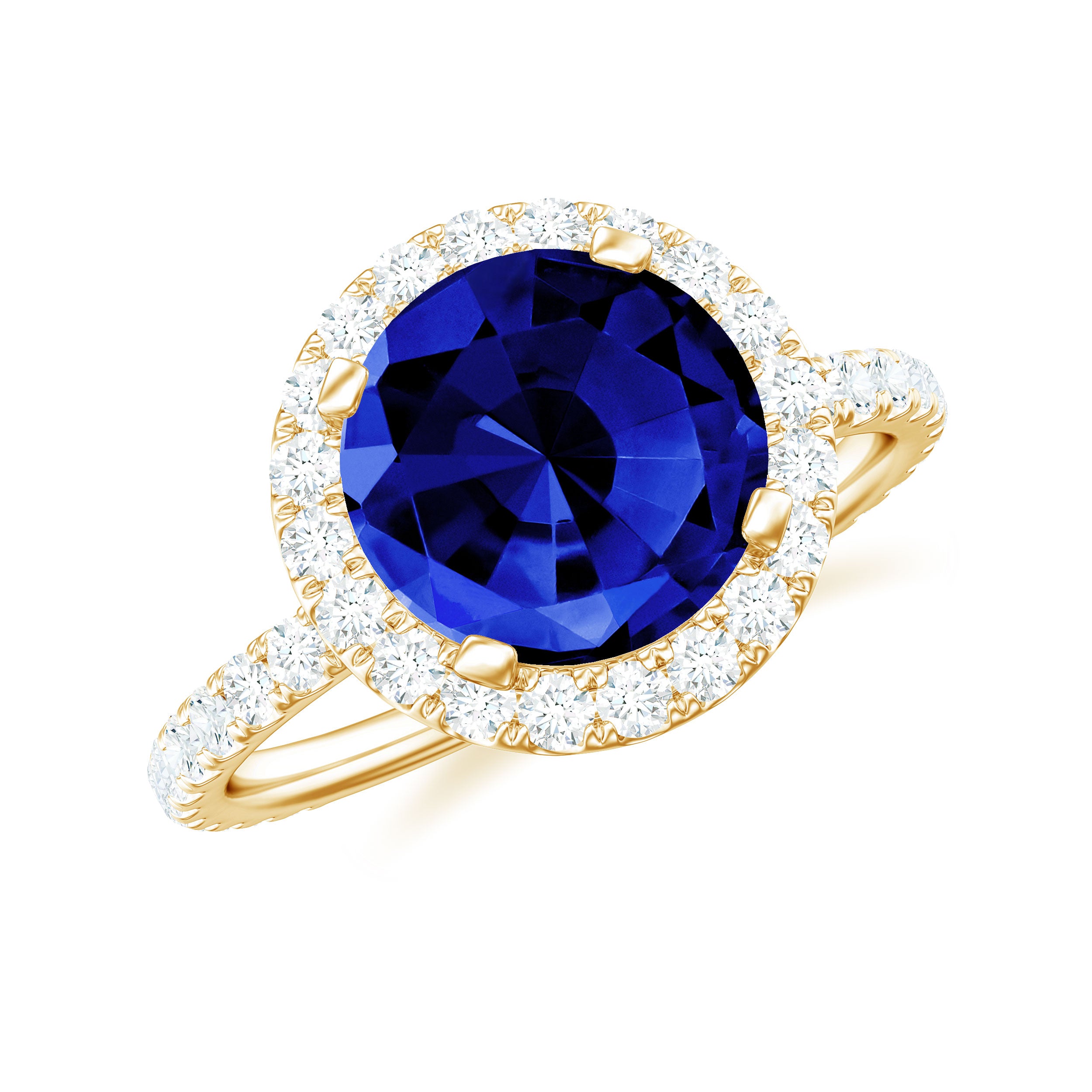 Certified Created Sapphire Halo Engagement Ring With Moissanite Lab Created Blue Sapphire - ( AAAA ) - Quality - Rosec Jewels