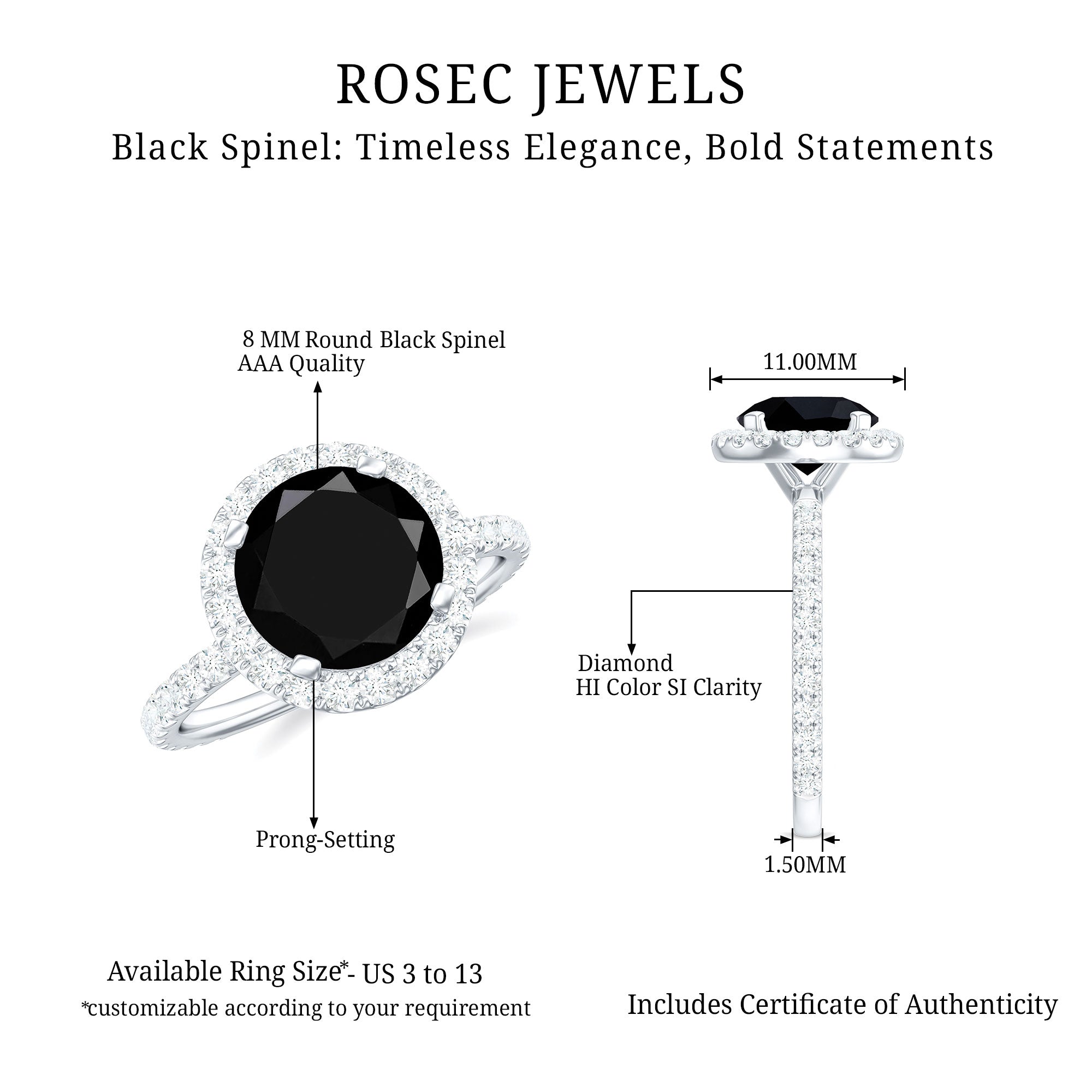 Real Black Spinel Classic Halo Engagement Ring with Diamond Black Spinel - ( AAA ) - Quality - Rosec Jewels